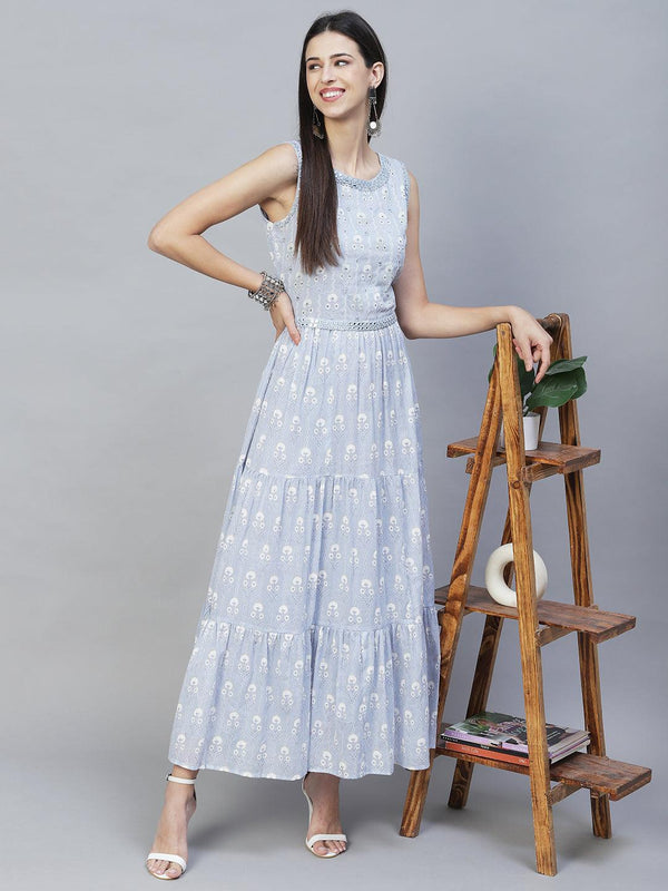 Floral Printed & Hand Embroidered Flared Maxi Dress with Belt – Powder Blue - Indiakreations