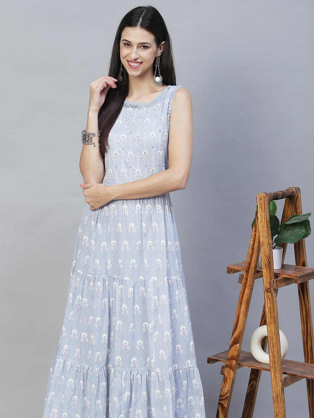 Floral Printed & Hand Embroidered Flared Maxi Dress with Belt – Powder Blue - Indiakreations