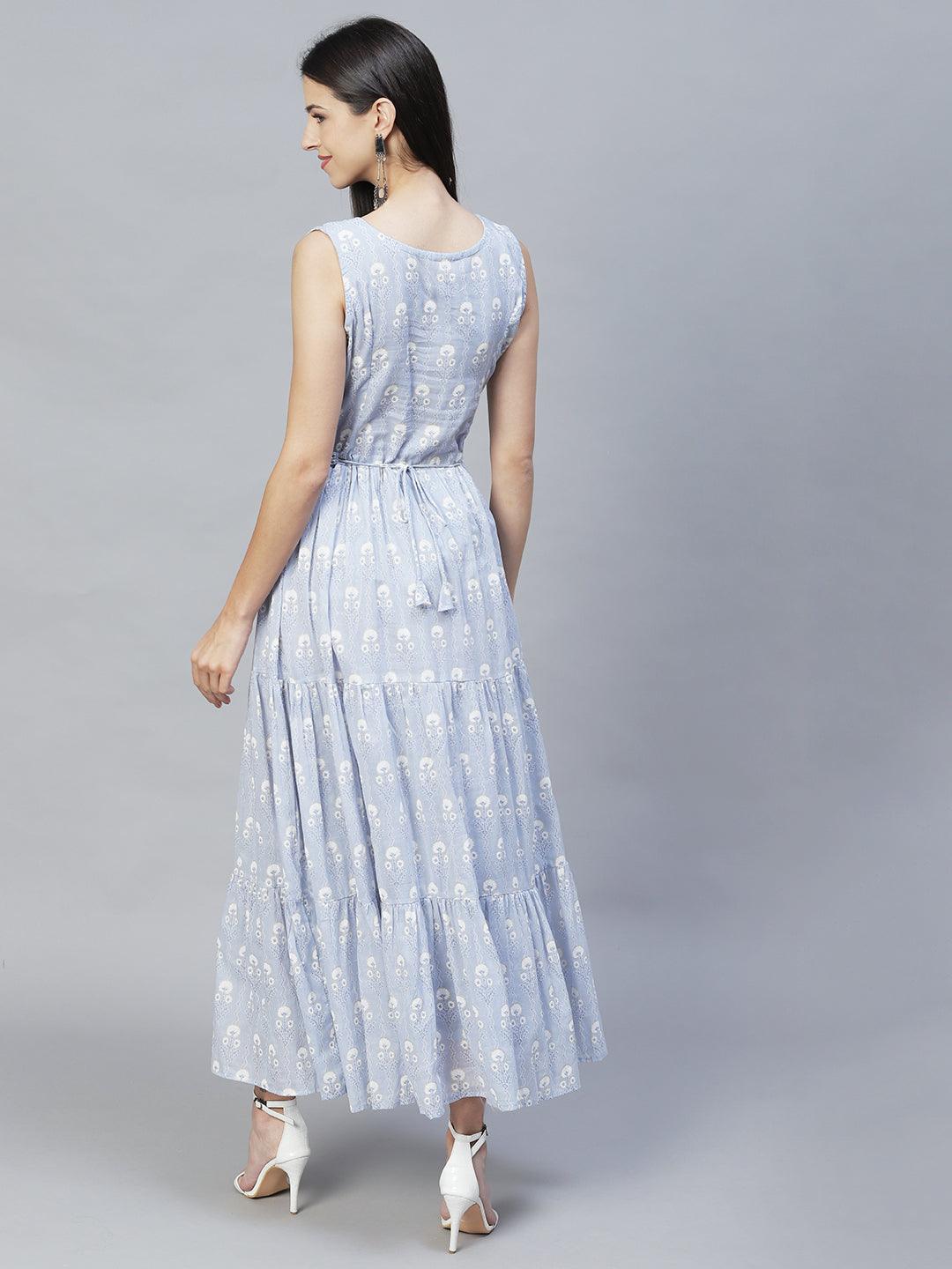 Floral Printed & Hand Embroidered Flared Maxi Dress with Belt – Powder Blue - Indiakreations