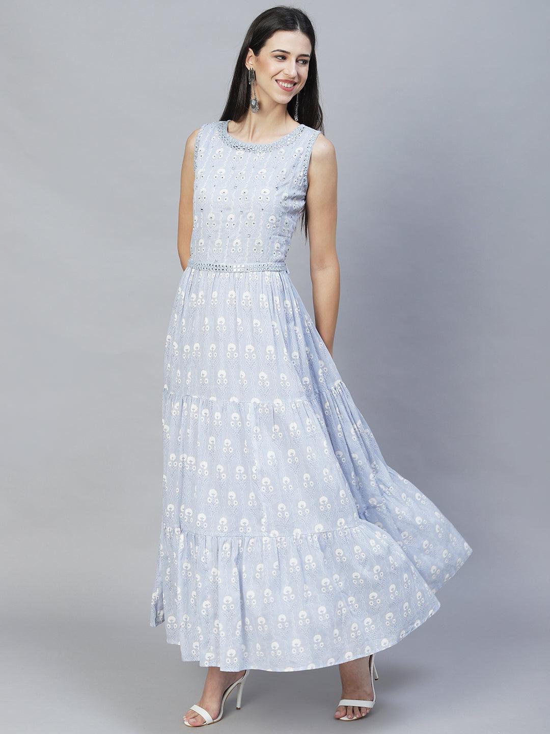 Floral Printed & Hand Embroidered Flared Maxi Dress with Belt – Powder Blue - Indiakreations