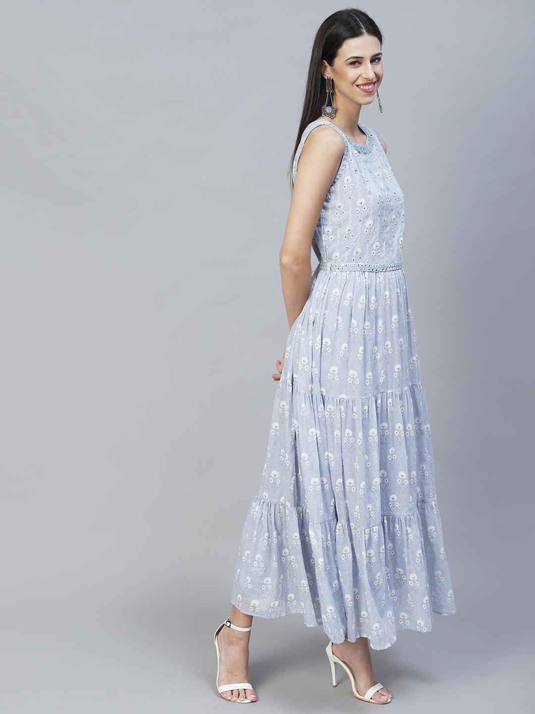 Floral Printed & Hand Embroidered Flared Maxi Dress with Belt – Powder Blue - Indiakreations