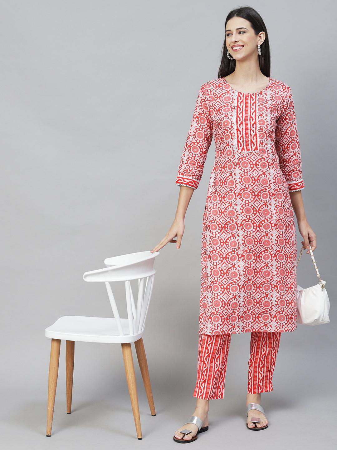 Ethnic Printed & Hand Embroidered Straight Kurta with Pants - Light Red - Indiakreations