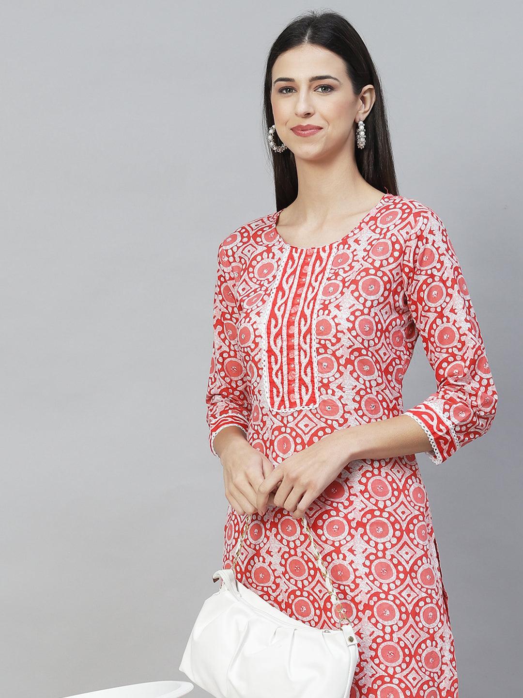 Ethnic Printed & Hand Embroidered Straight Kurta with Pants - Light Red - Indiakreations