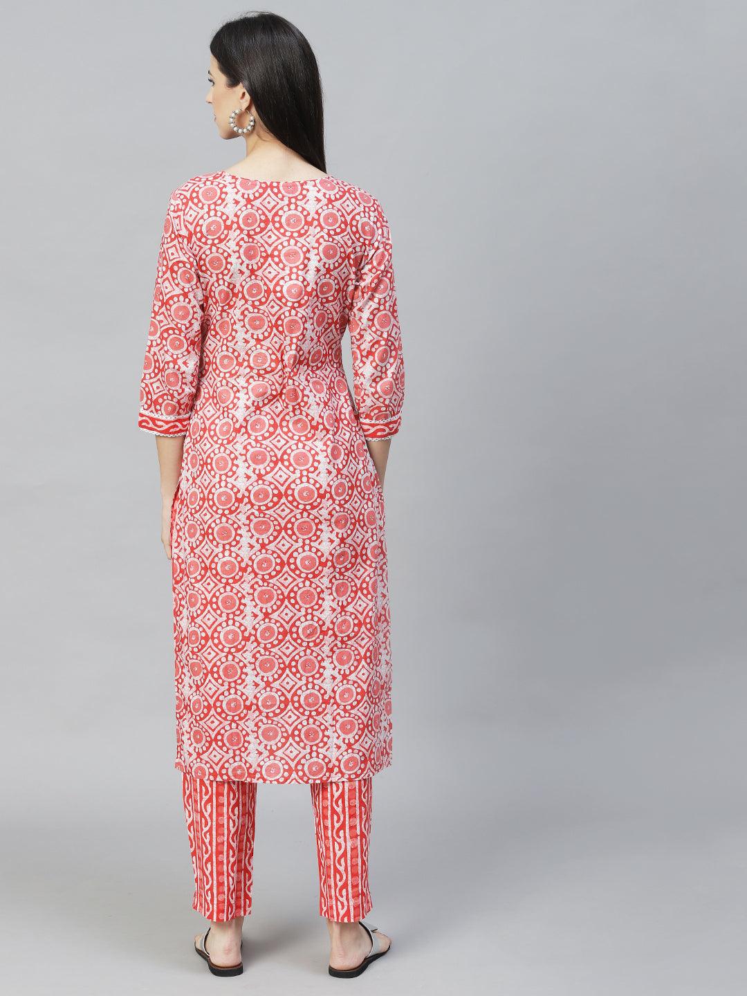 Ethnic Printed & Hand Embroidered Straight Kurta with Pants - Light Red - Indiakreations