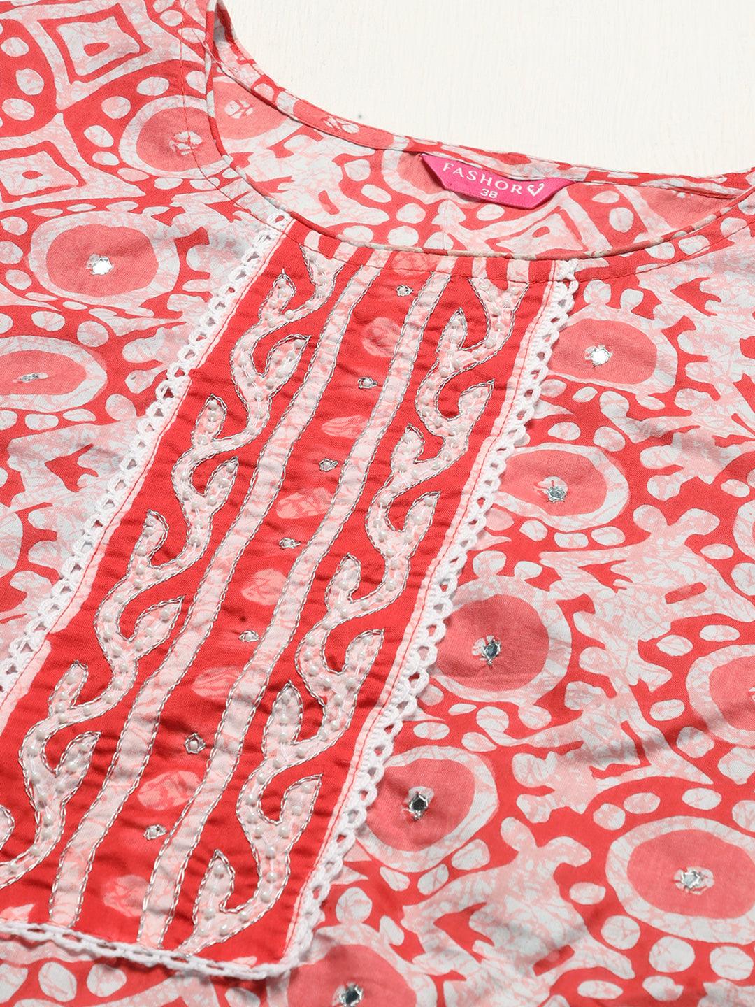 Ethnic Printed & Hand Embroidered Straight Kurta with Pants - Light Red - Indiakreations