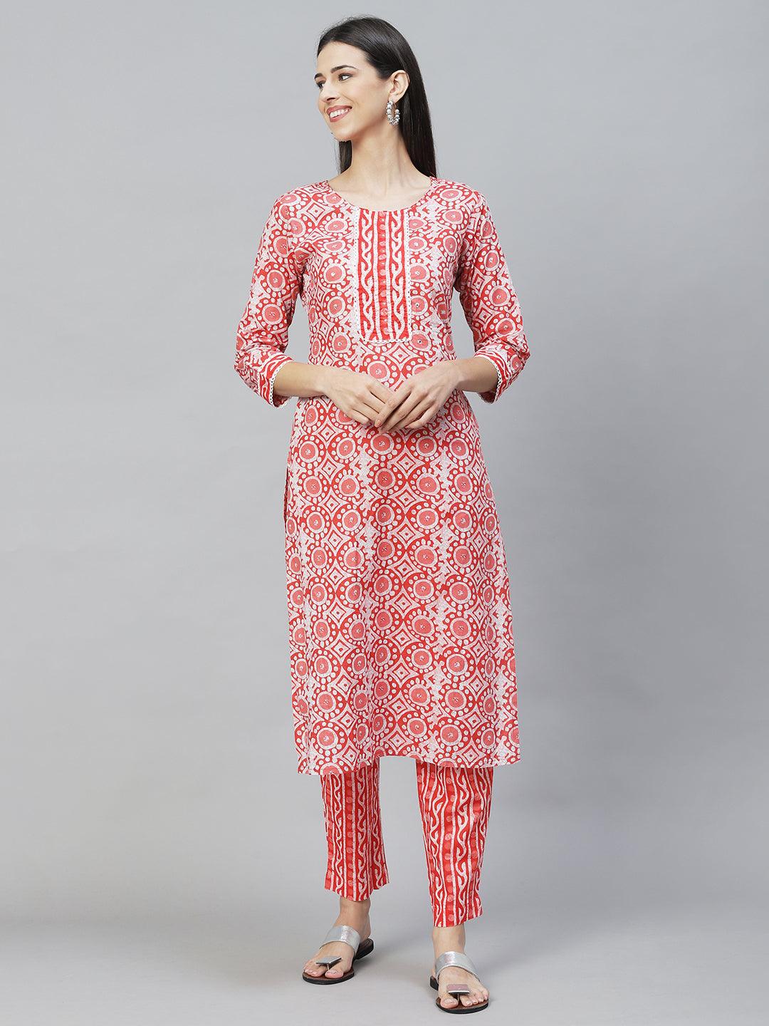 Ethnic Printed & Hand Embroidered Straight Kurta with Pants - Light Red - Indiakreations