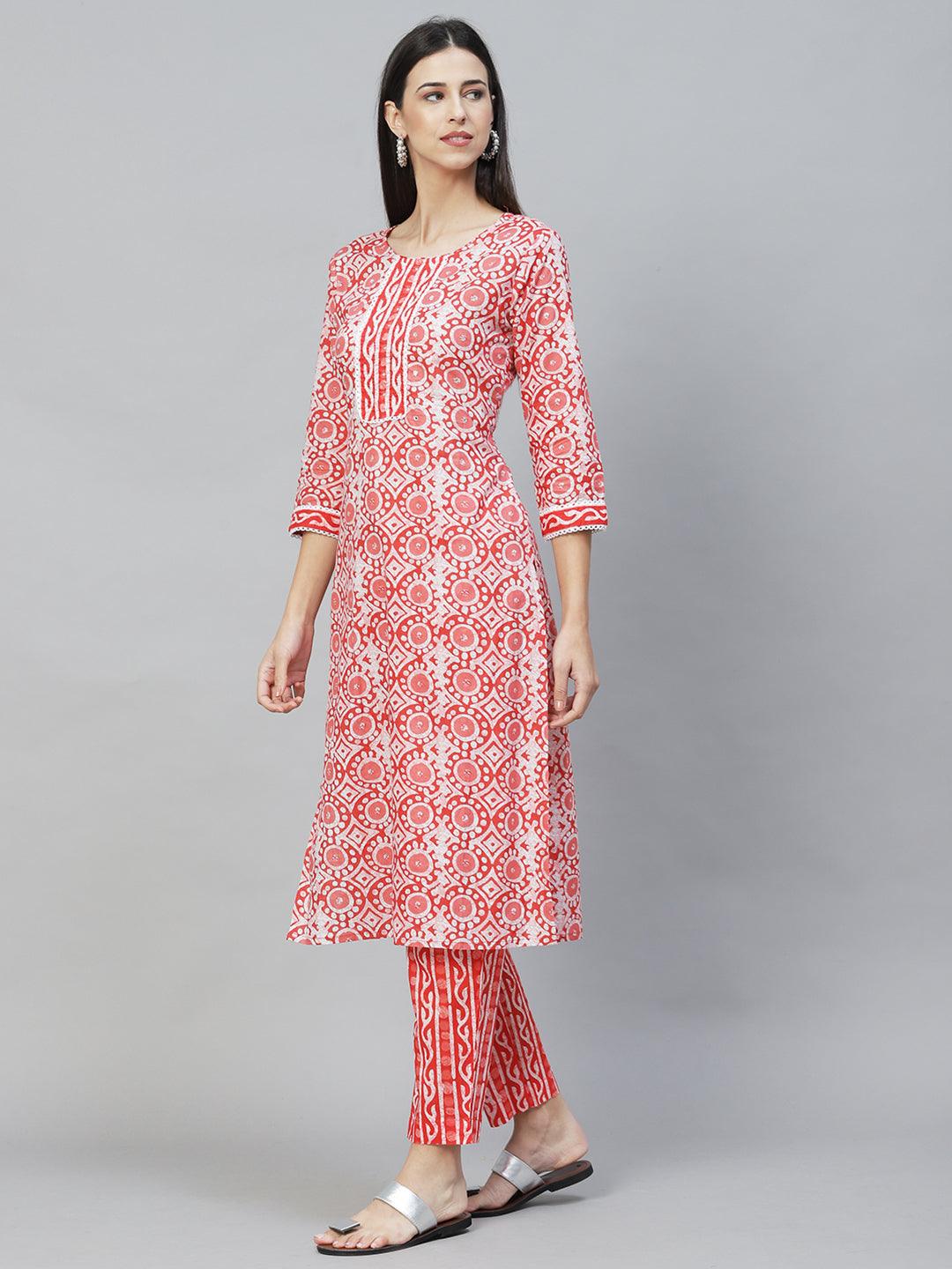 Ethnic Printed & Hand Embroidered Straight Kurta with Pants - Light Red - Indiakreations