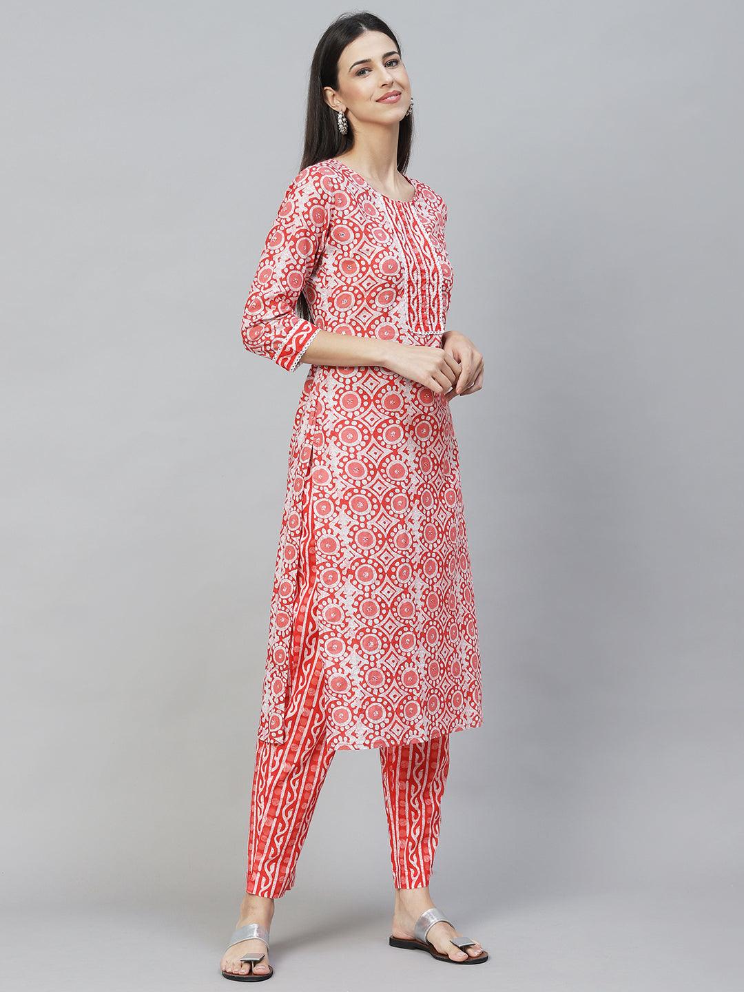 Ethnic Printed & Hand Embroidered Straight Kurta with Pants - Light Red - Indiakreations