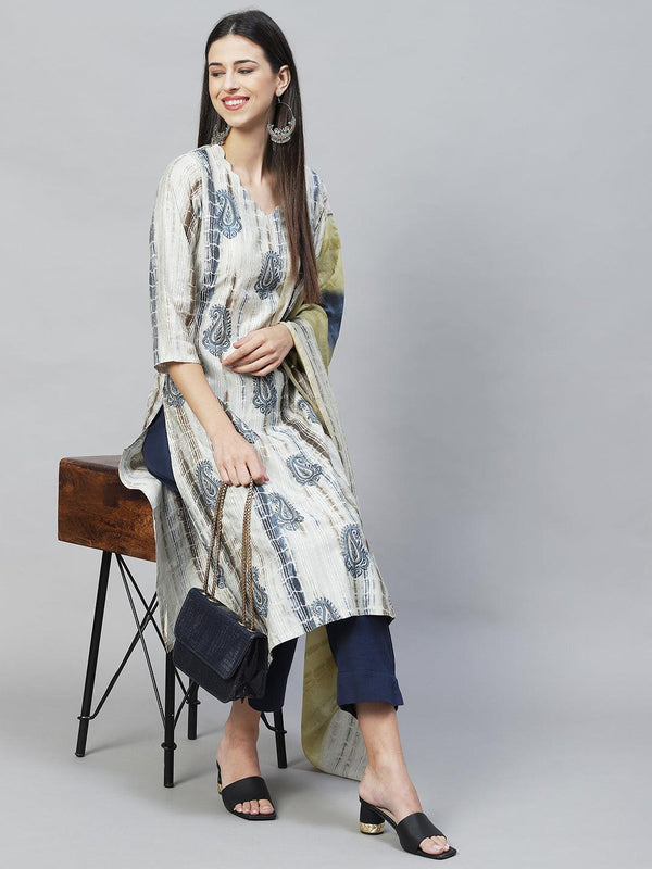 Ethnic Printed & Embroidered Straight Kurta with Dupatta – Light Gray - Indiakreations