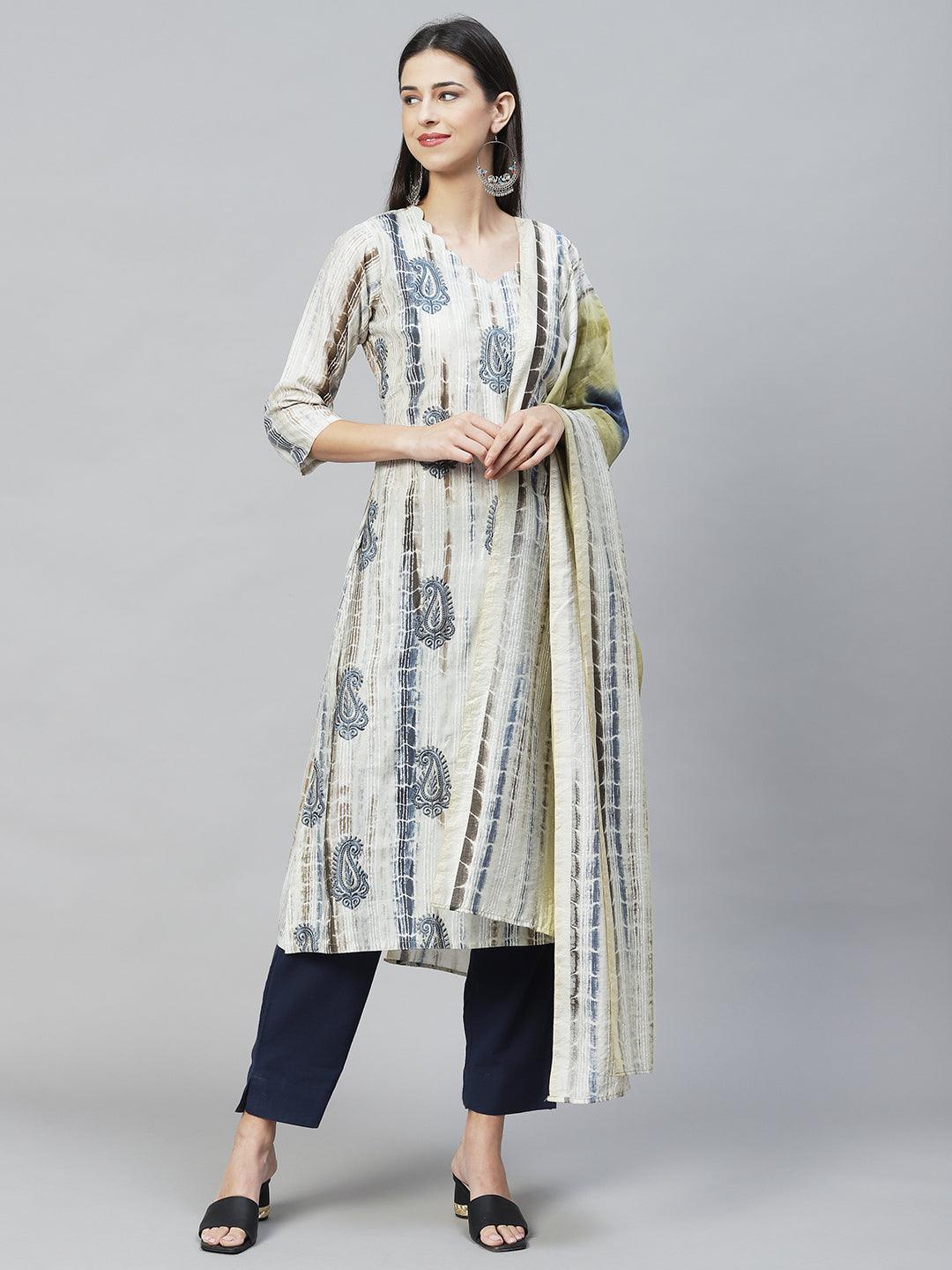 Ethnic Printed & Embroidered Straight Kurta with Dupatta – Light Gray - Indiakreations