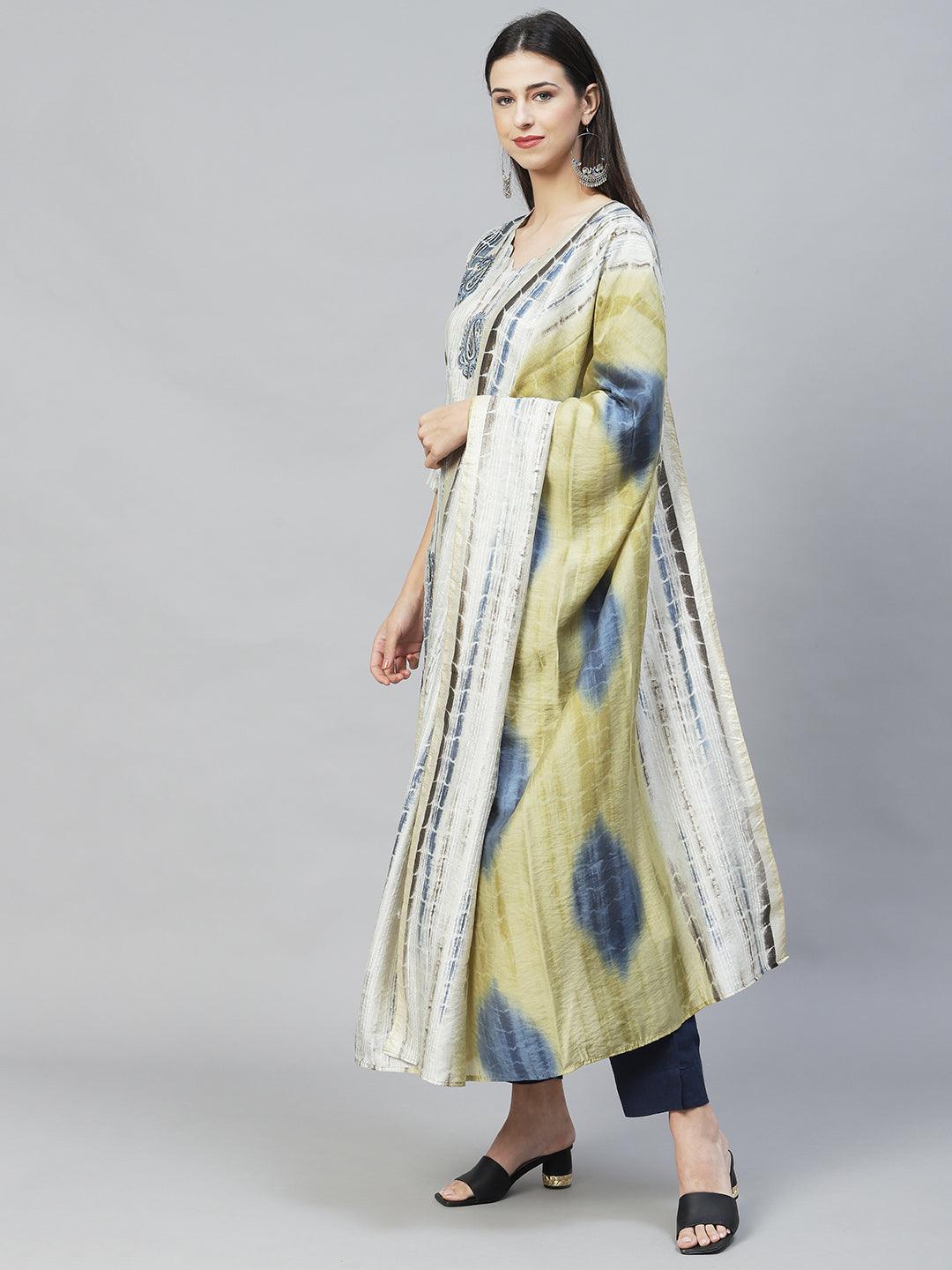 Ethnic Printed & Embroidered Straight Kurta with Dupatta – Light Gray - Indiakreations