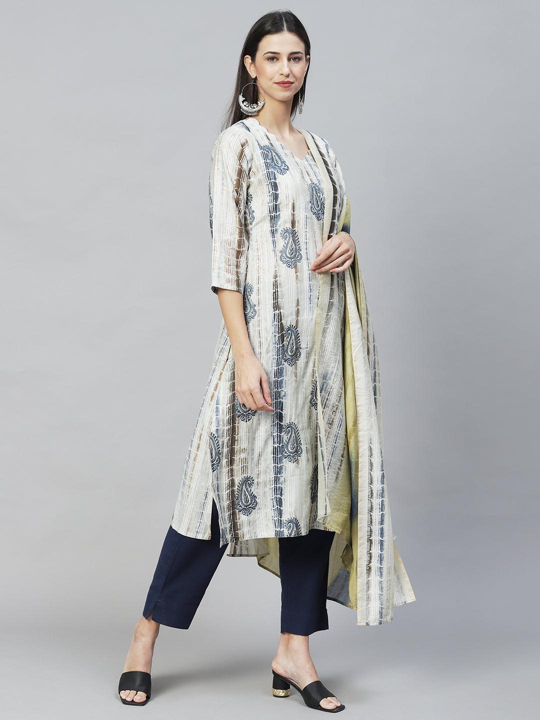 Ethnic Printed & Embroidered Straight Kurta with Dupatta – Light Gray - Indiakreations