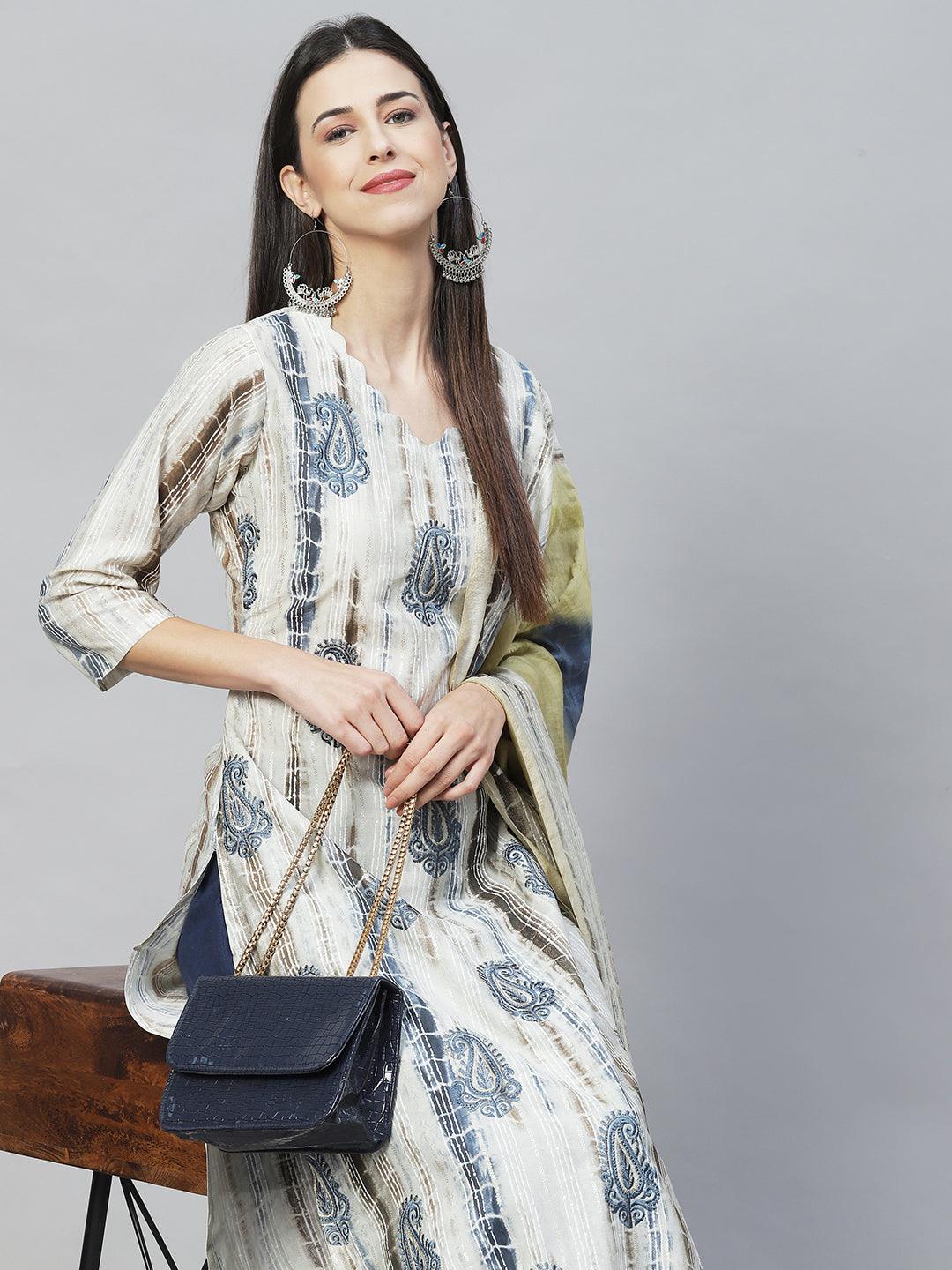 Ethnic Printed & Embroidered Straight Kurta with Dupatta – Light Gray - Indiakreations