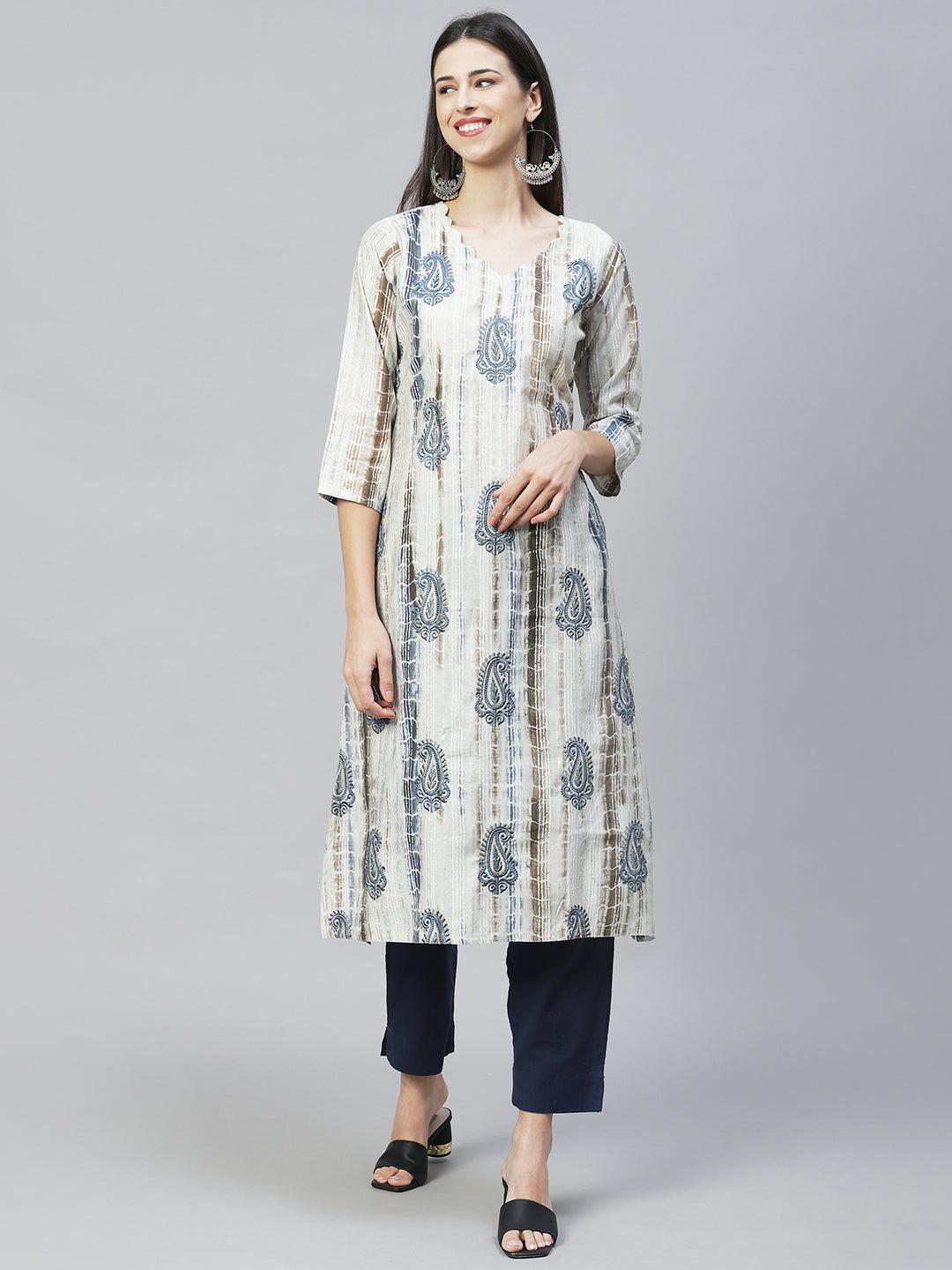 Ethnic Printed & Embroidered Straight Kurta with Dupatta – Light Gray - Indiakreations