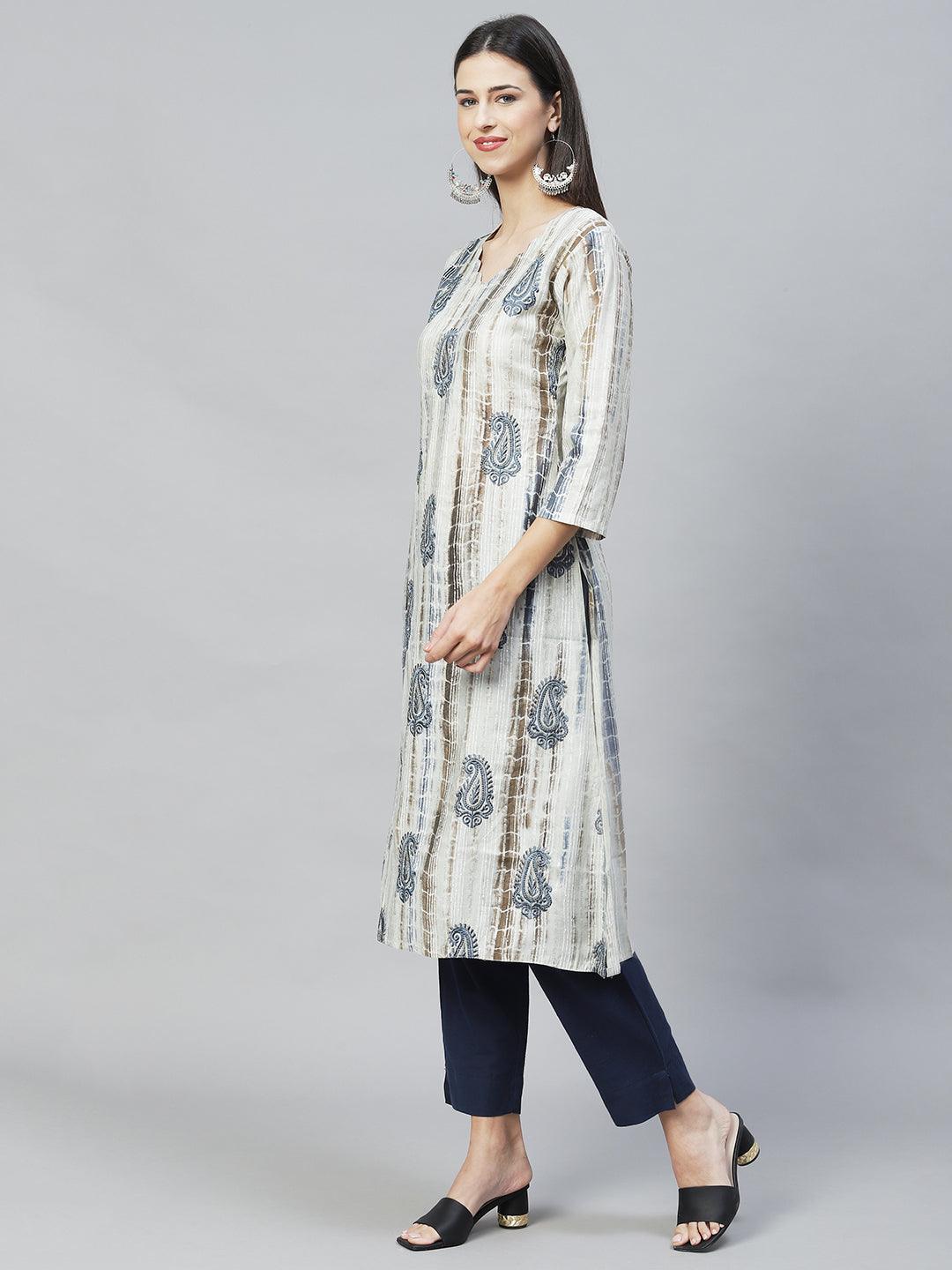 Ethnic Printed & Embroidered Straight Kurta with Dupatta – Light Gray - Indiakreations