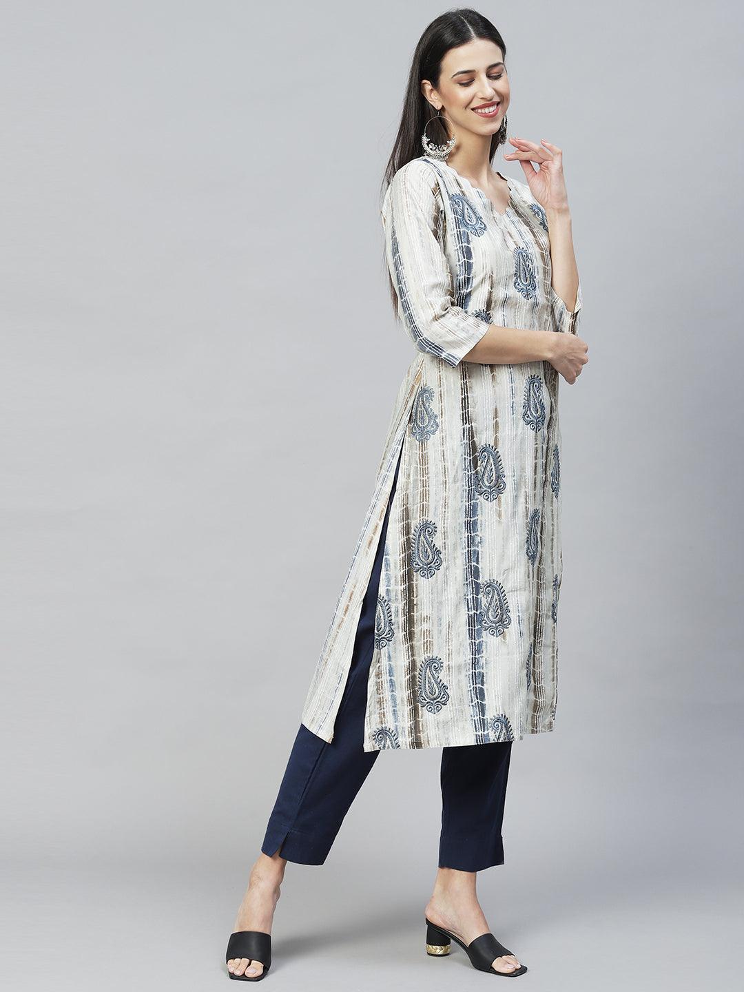 Ethnic Printed & Embroidered Straight Kurta with Dupatta – Light Gray - Indiakreations