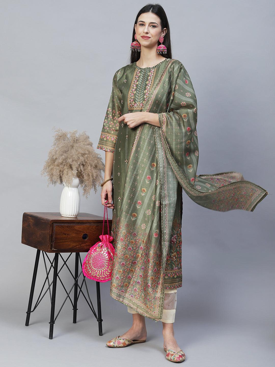 Floral Printed & Hand Embroidered Straight Kurta with Dupatta - Green - Indiakreations