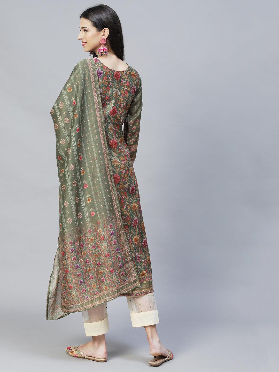 Floral Printed & Hand Embroidered Straight Kurta with Dupatta - Green - Indiakreations