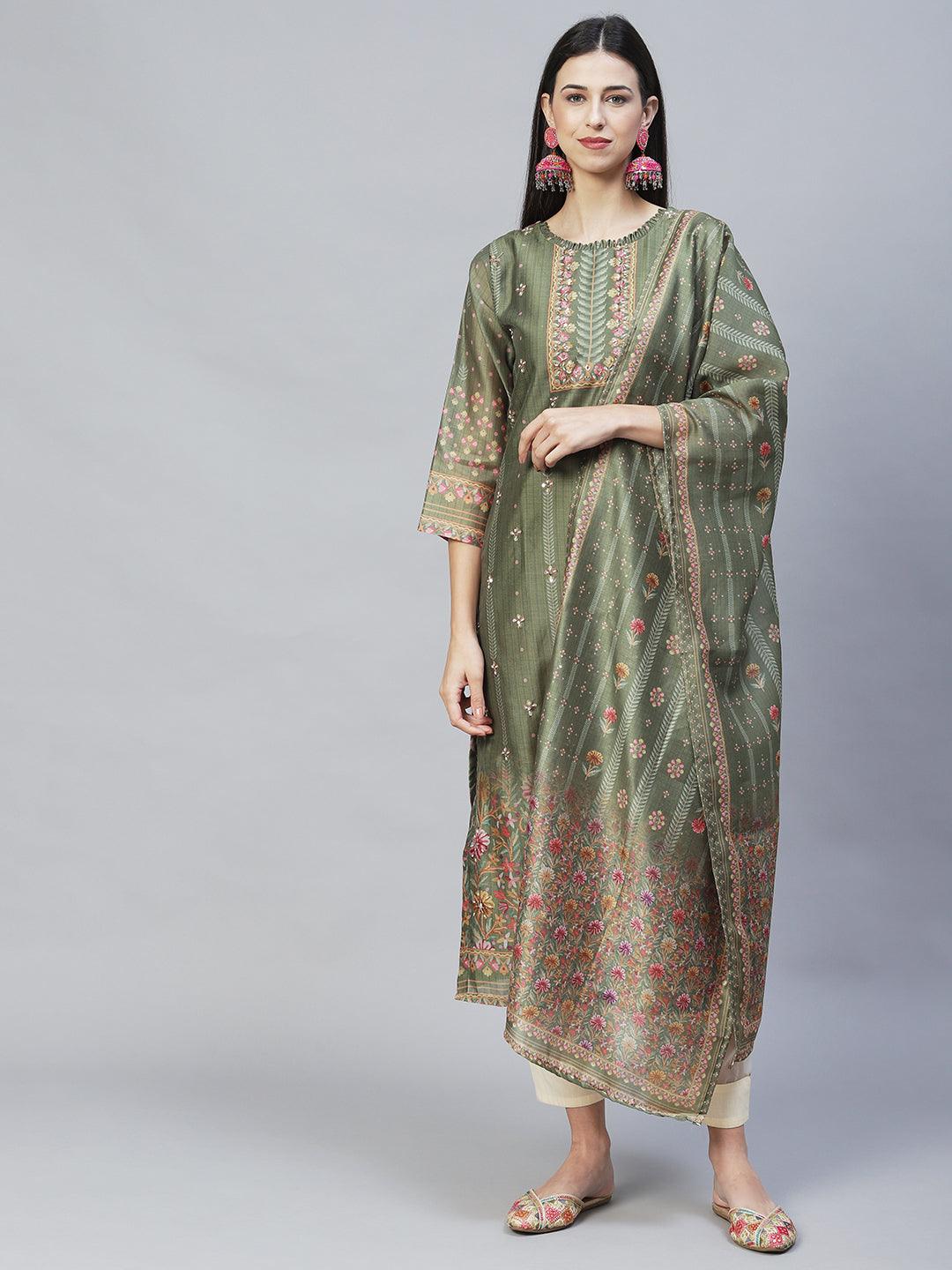 Floral Printed & Hand Embroidered Straight Kurta with Dupatta - Green - Indiakreations