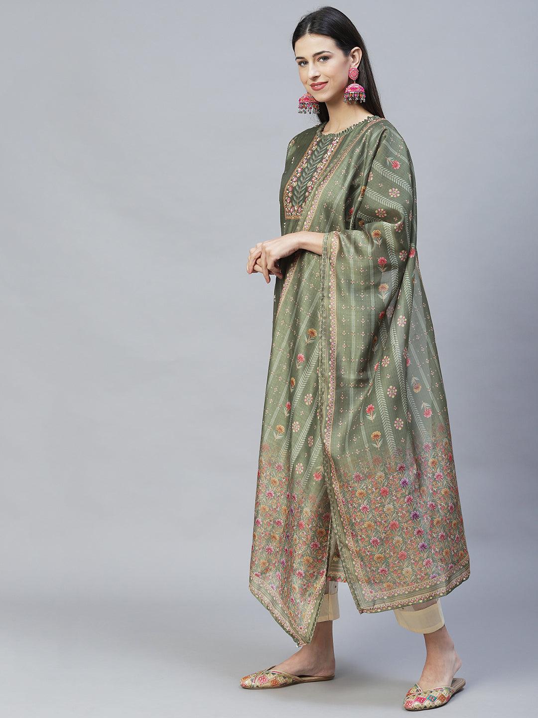 Floral Printed & Hand Embroidered Straight Kurta with Dupatta - Green - Indiakreations