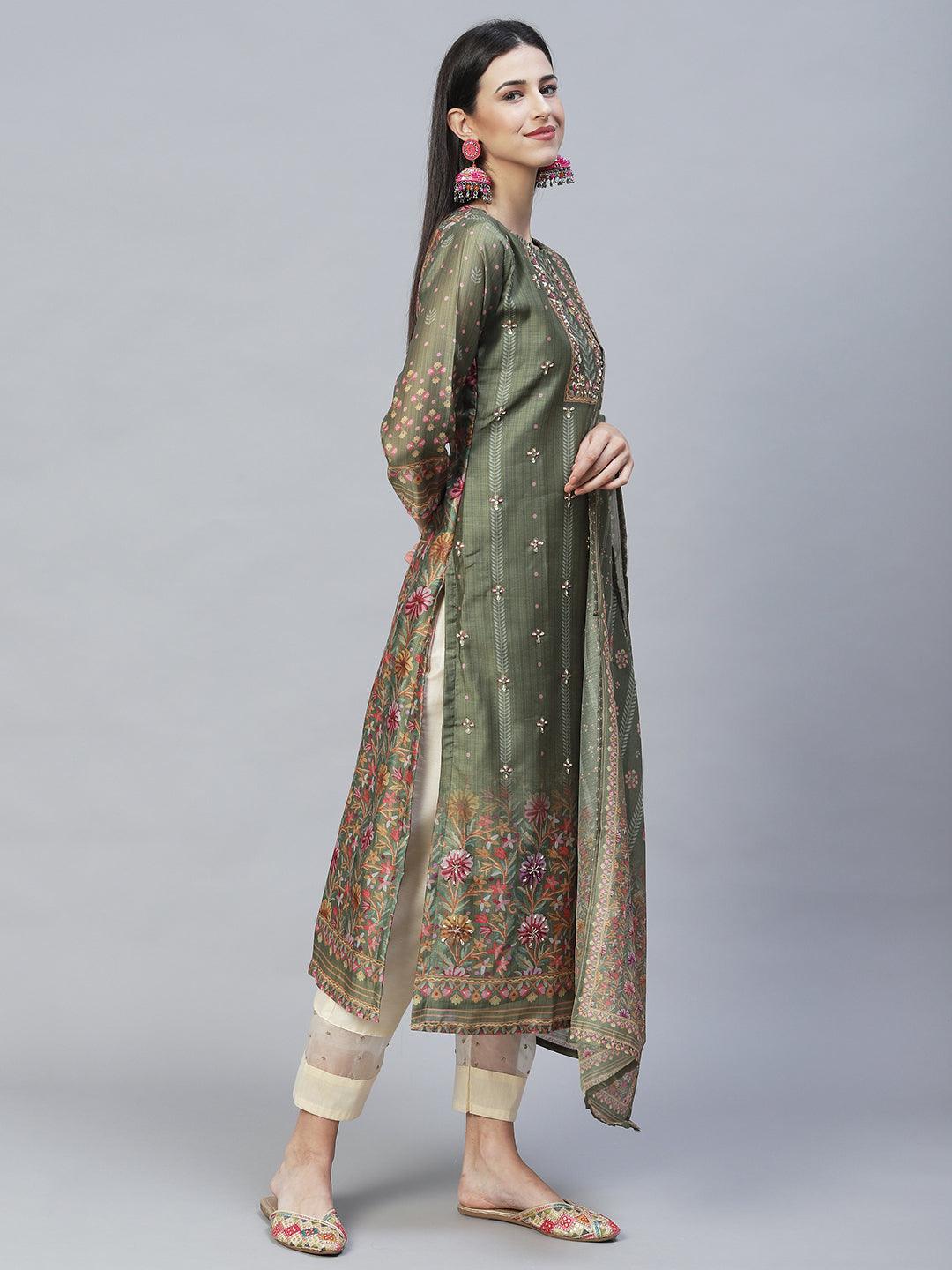 Floral Printed & Hand Embroidered Straight Kurta with Dupatta - Green - Indiakreations