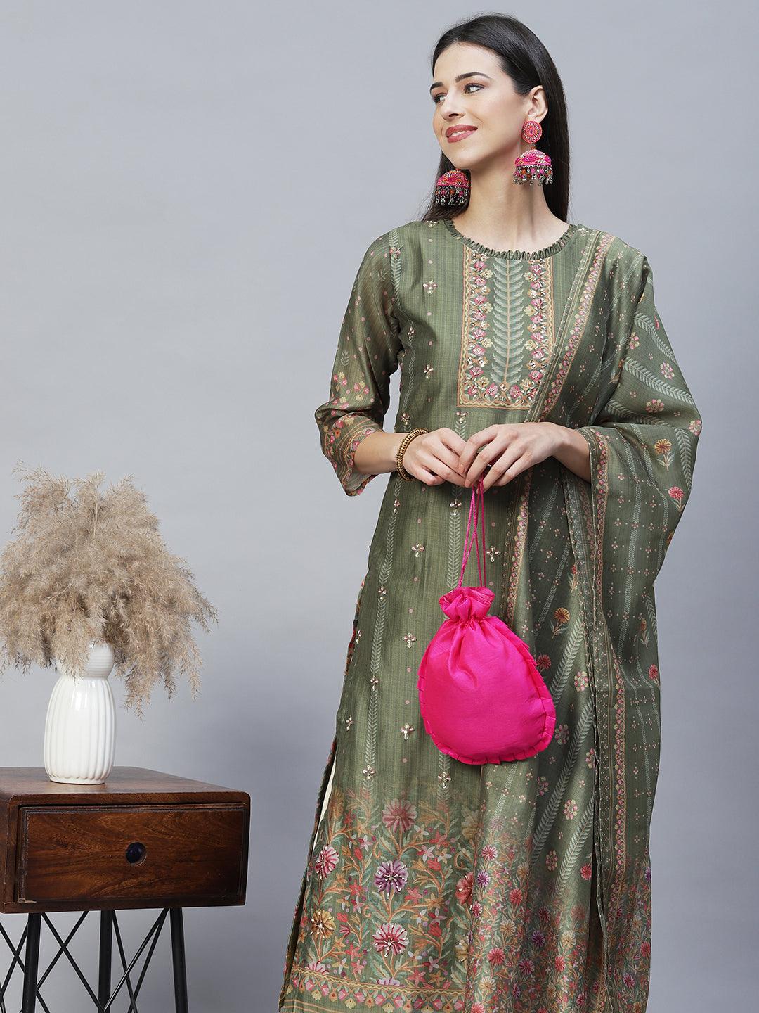 Floral Printed & Hand Embroidered Straight Kurta with Dupatta - Green - Indiakreations