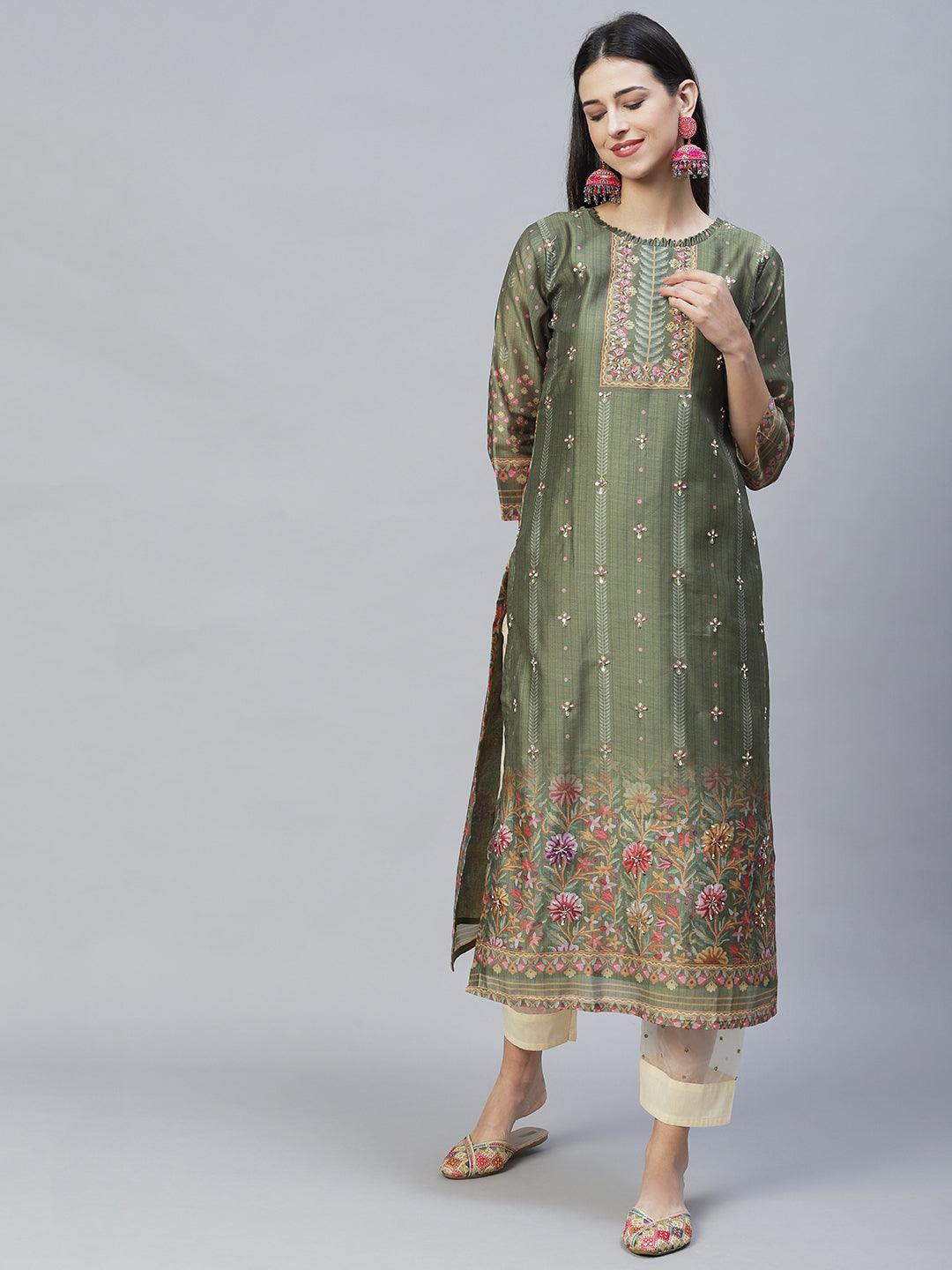 Floral Printed & Hand Embroidered Straight Kurta with Dupatta - Green - Indiakreations