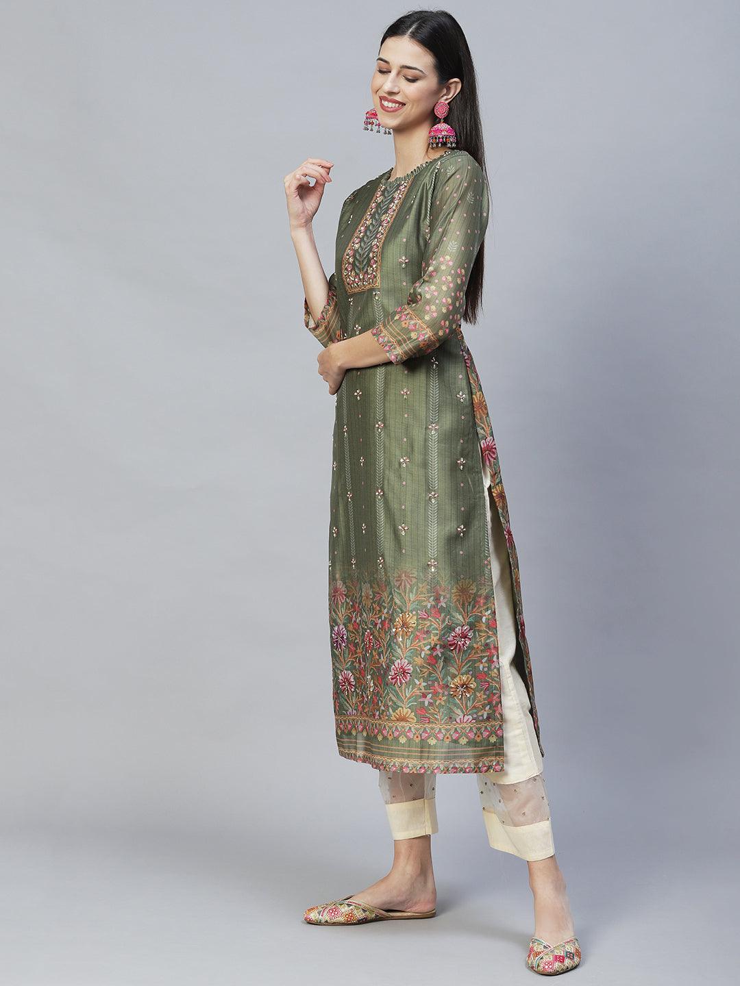 Floral Printed & Hand Embroidered Straight Kurta with Dupatta - Green - Indiakreations