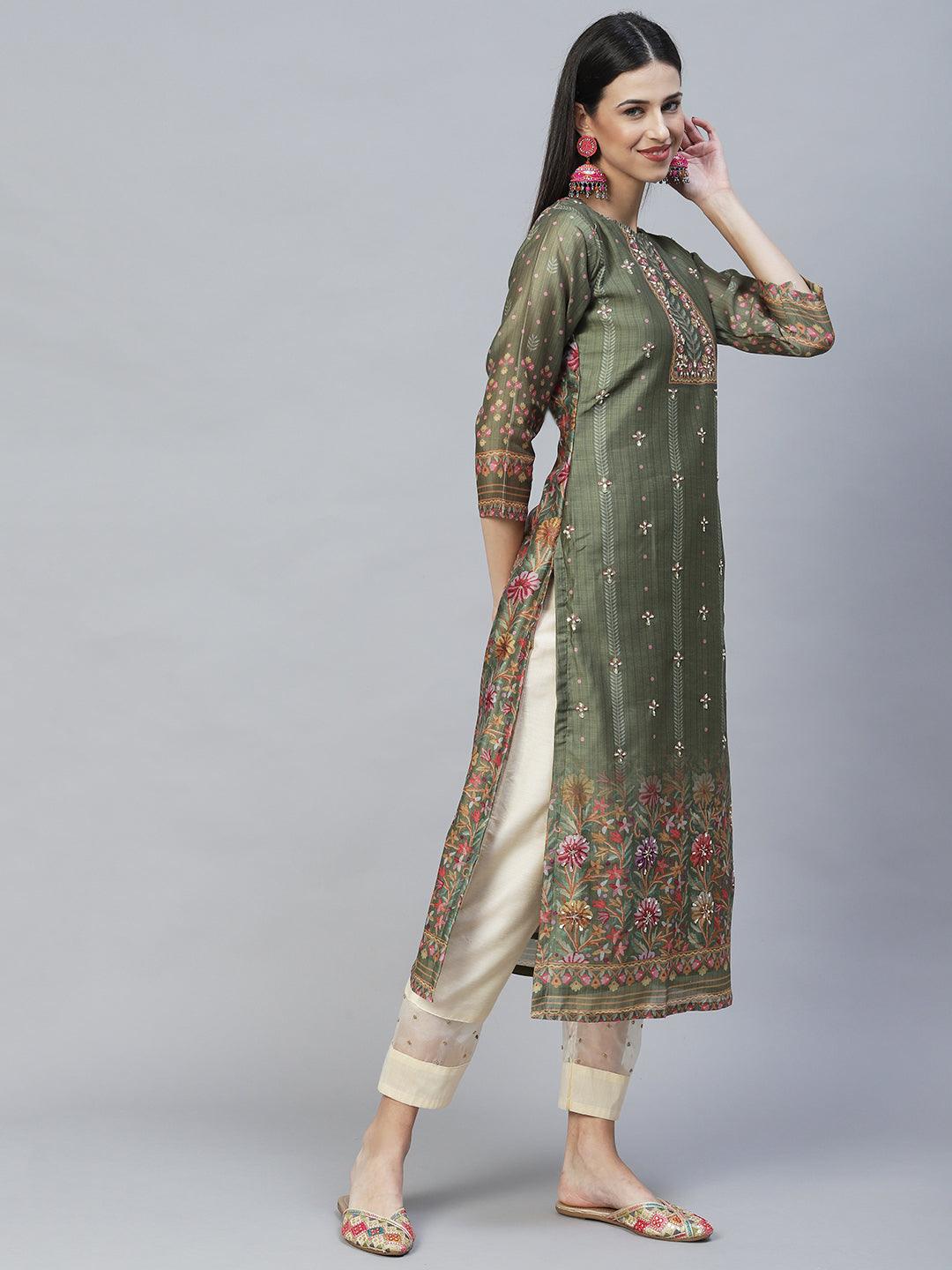 Floral Printed & Hand Embroidered Straight Kurta with Dupatta - Green - Indiakreations