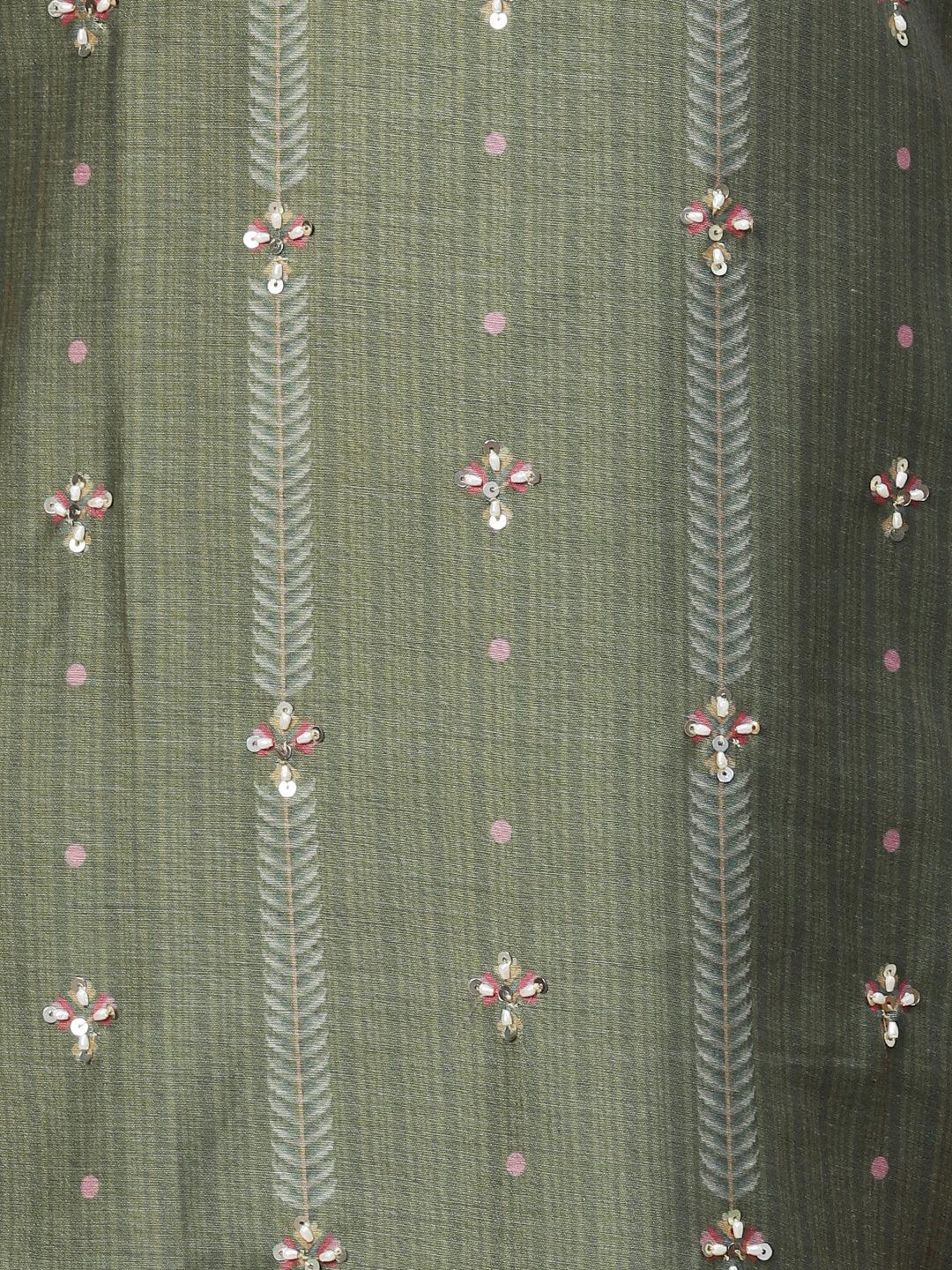 Floral Printed & Hand Embroidered Straight Kurta with Dupatta - Green - Indiakreations