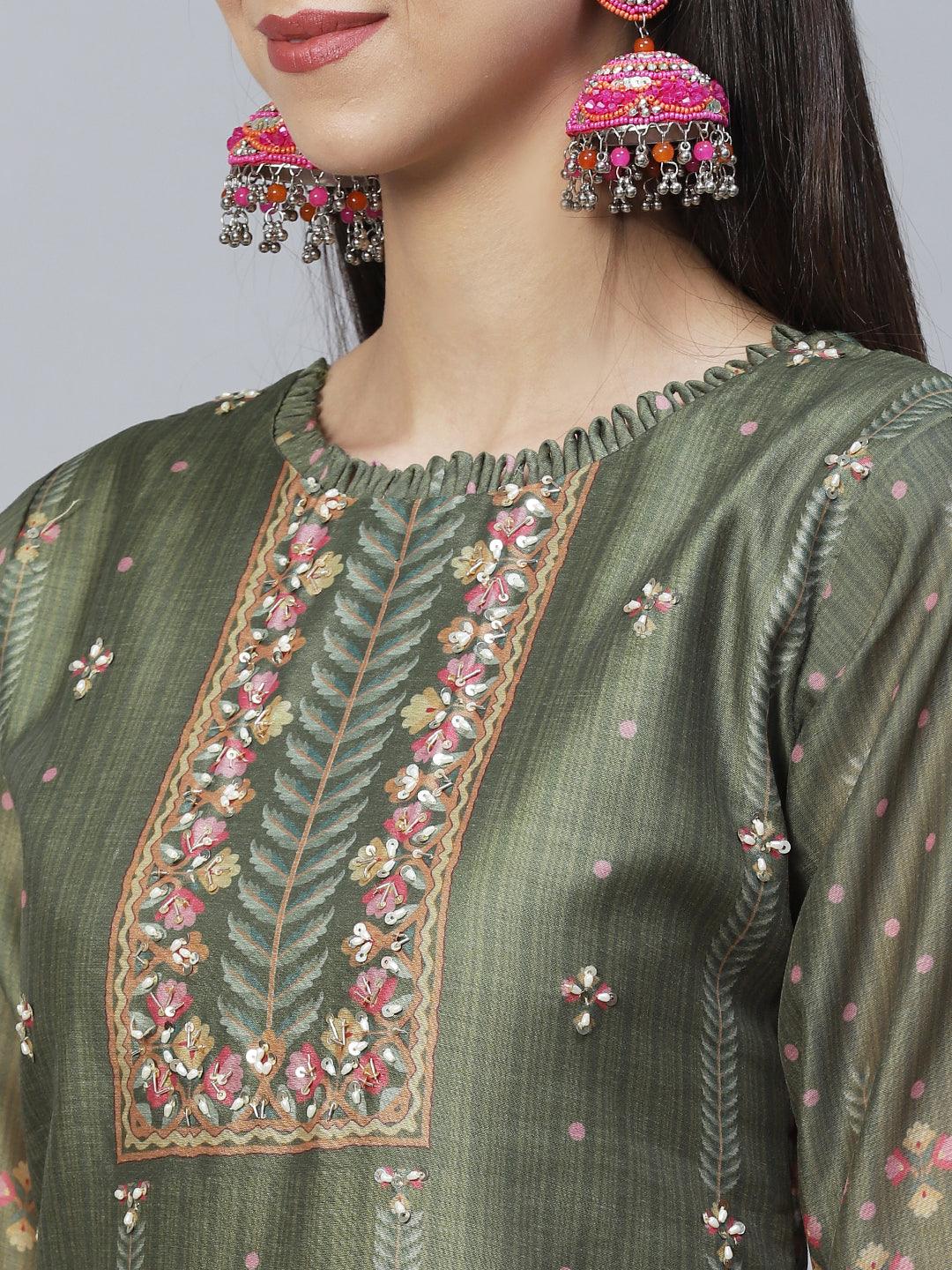 Floral Printed & Hand Embroidered Straight Kurta with Dupatta - Green - Indiakreations