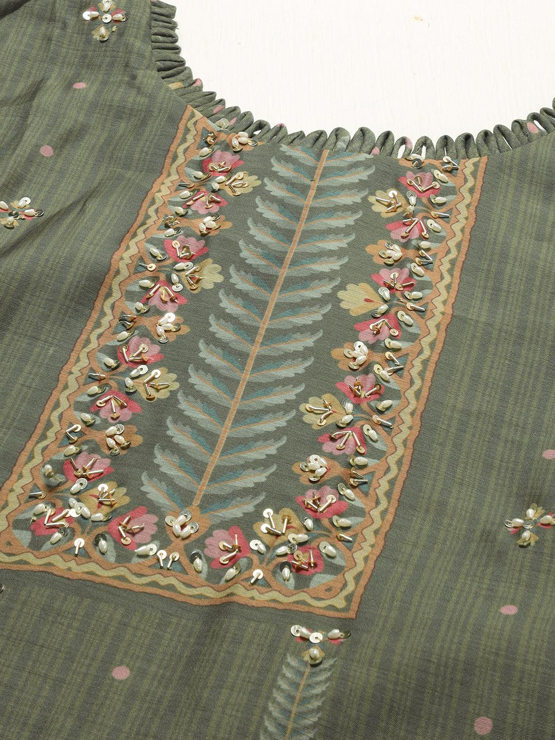 Floral Printed & Hand Embroidered Straight Kurta with Dupatta - Green - Indiakreations