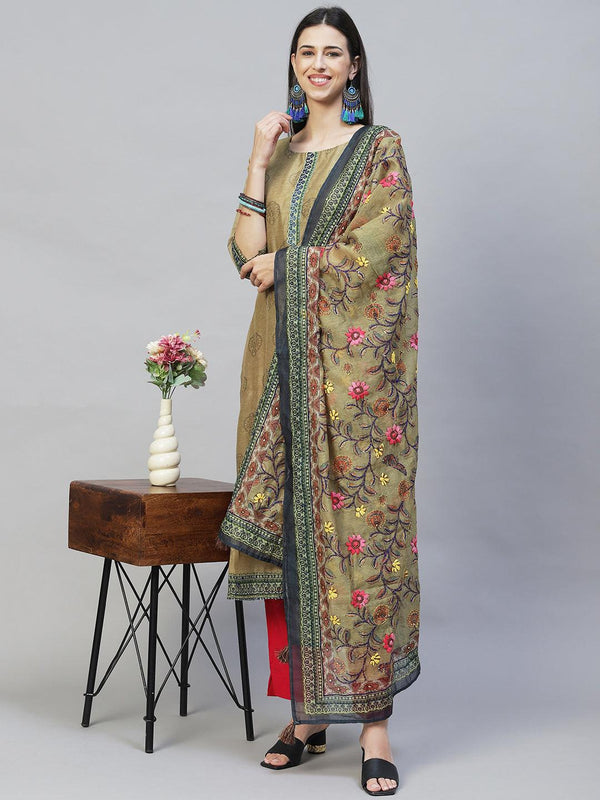 Ethnic Printed & Kantha Hand Embroidered Kurta with Dupatta - Mehendi Green - Indiakreations