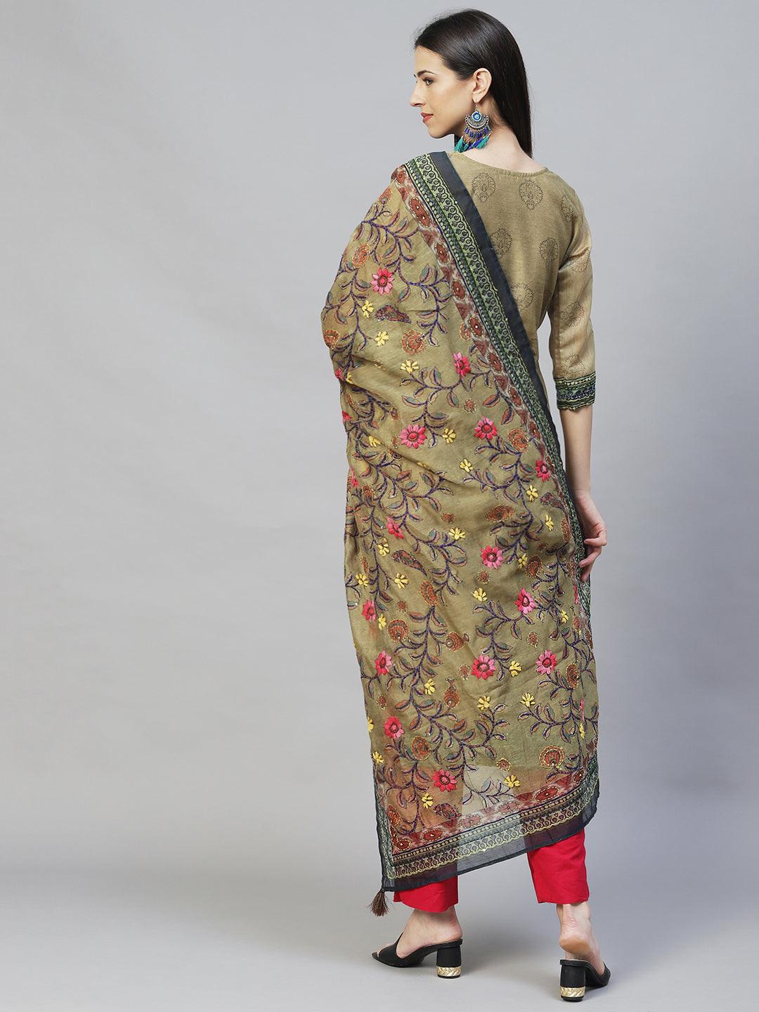 Ethnic Printed & Kantha Hand Embroidered Kurta with Dupatta - Mehendi Green - Indiakreations