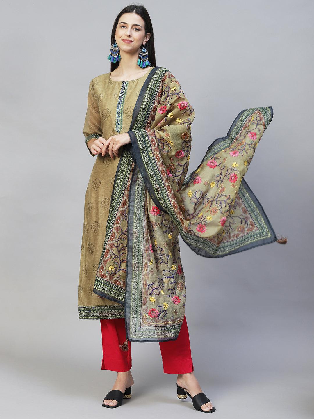 Ethnic Printed & Kantha Hand Embroidered Kurta with Dupatta - Mehendi Green - Indiakreations