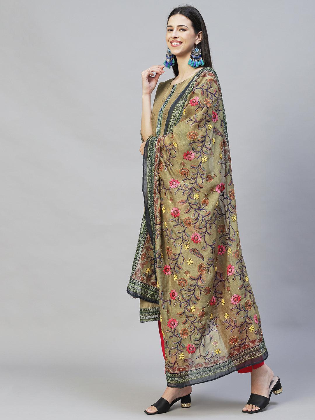 Ethnic Printed & Kantha Hand Embroidered Kurta with Dupatta - Mehendi Green - Indiakreations