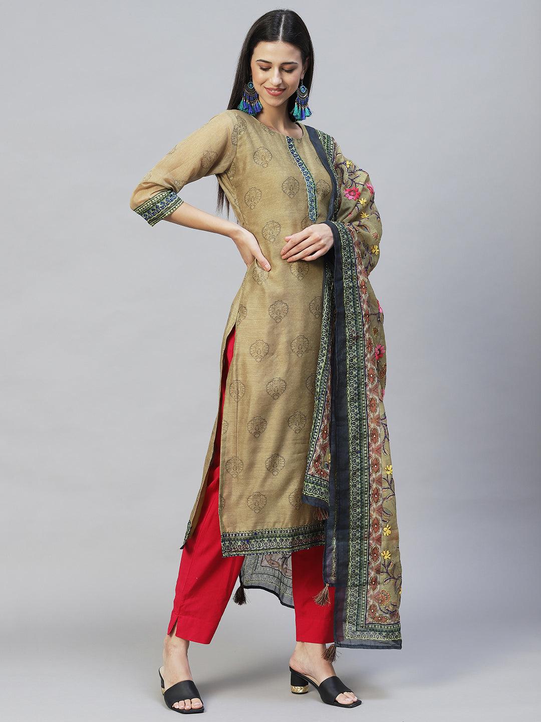 Ethnic Printed & Kantha Hand Embroidered Kurta with Dupatta - Mehendi Green - Indiakreations