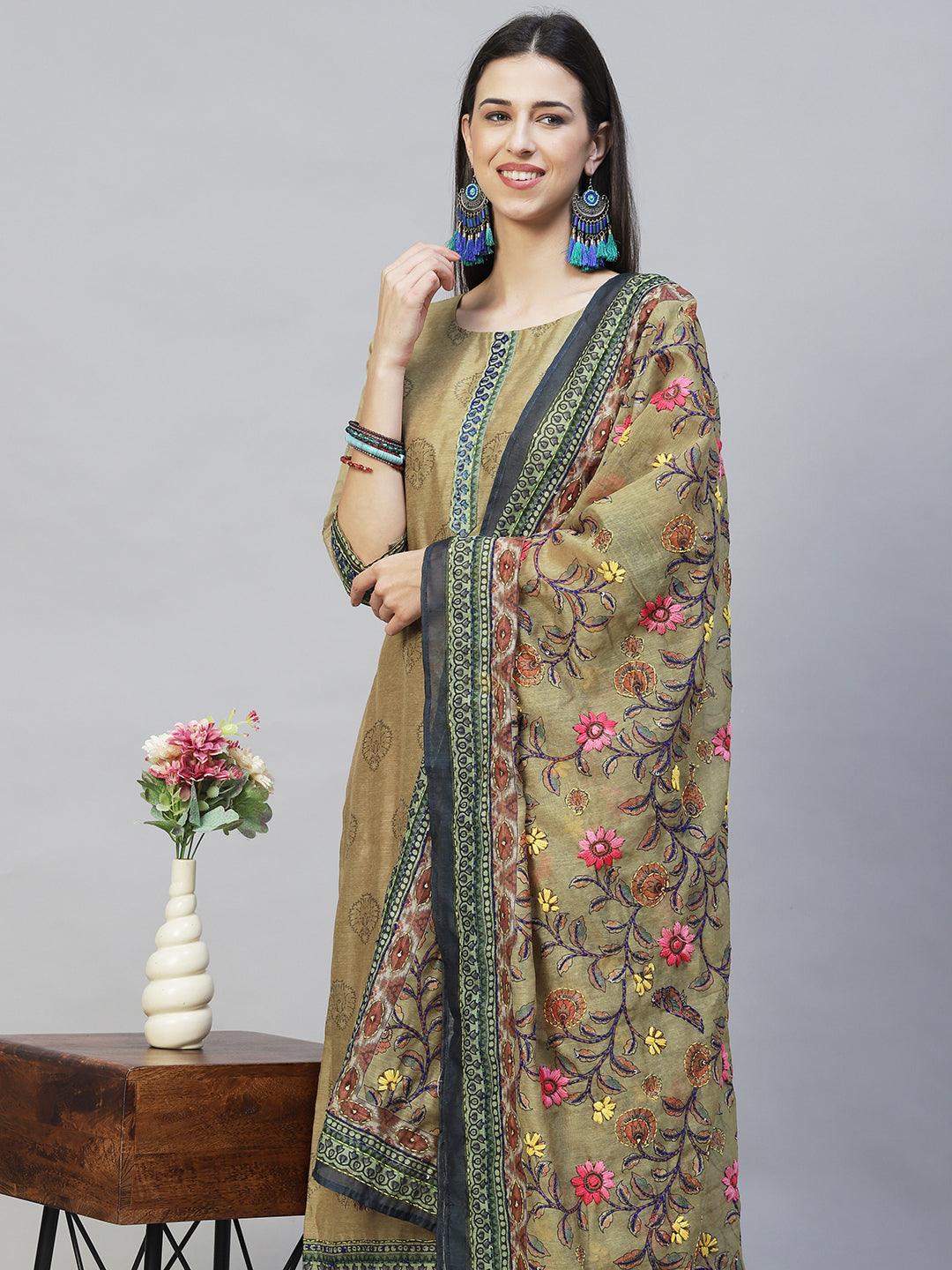 Ethnic Printed & Kantha Hand Embroidered Kurta with Dupatta - Mehendi Green - Indiakreations