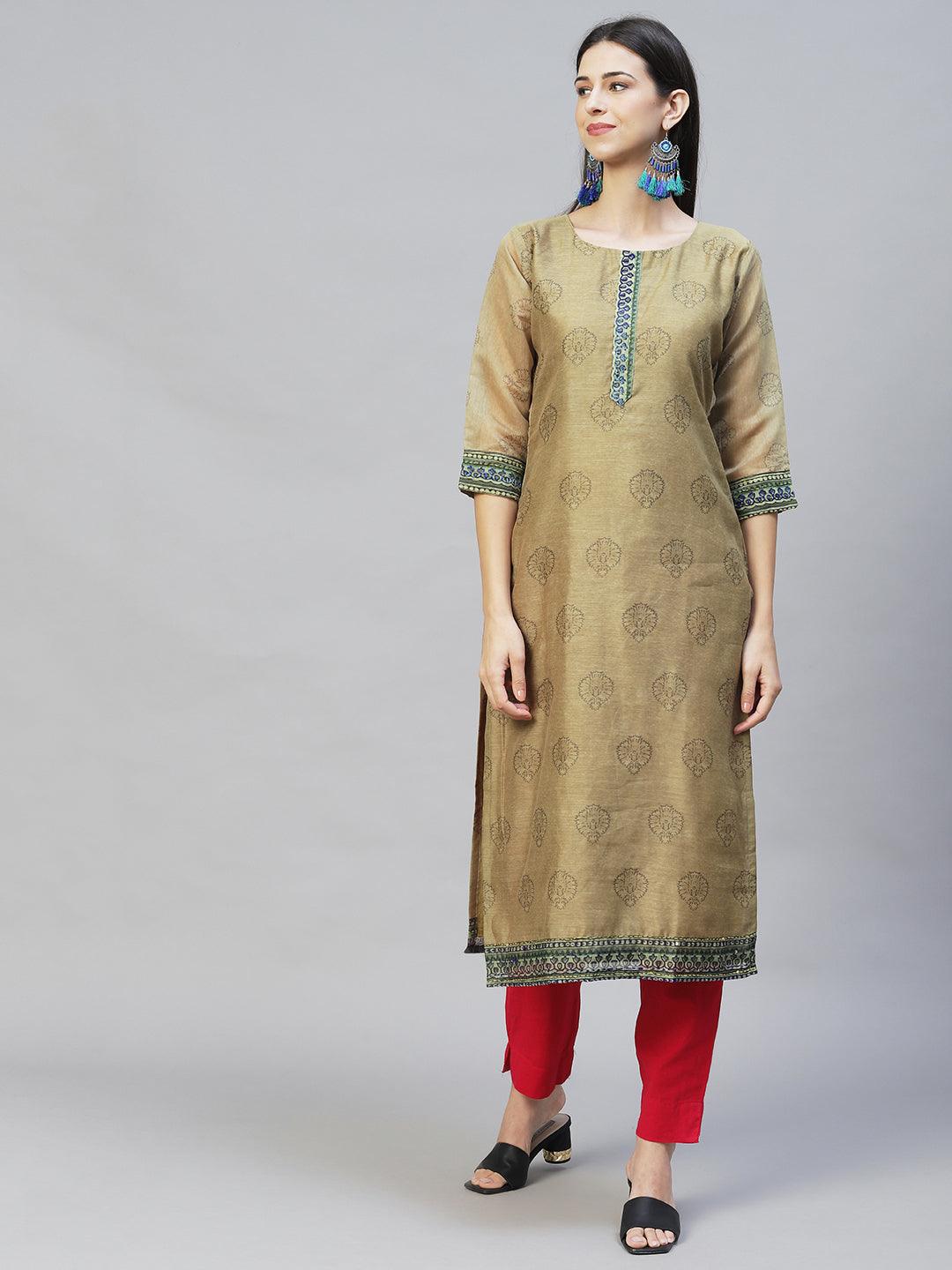 Ethnic Printed & Kantha Hand Embroidered Kurta with Dupatta - Mehendi Green - Indiakreations