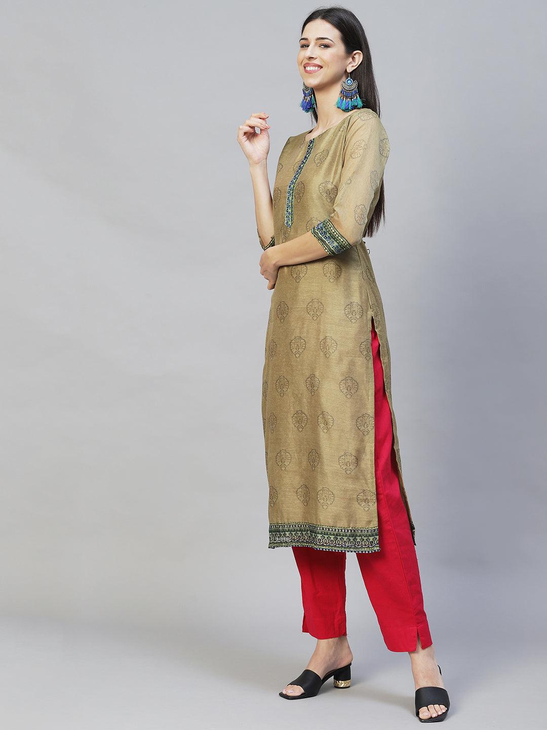 Ethnic Printed & Kantha Hand Embroidered Kurta with Dupatta - Mehendi Green - Indiakreations