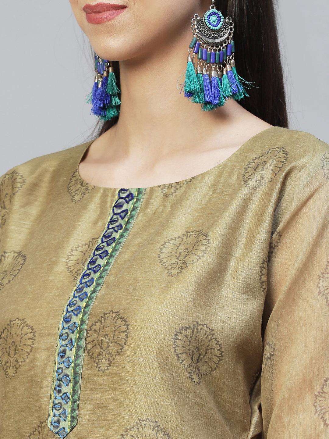 Ethnic Printed & Kantha Hand Embroidered Kurta with Dupatta - Mehendi Green - Indiakreations