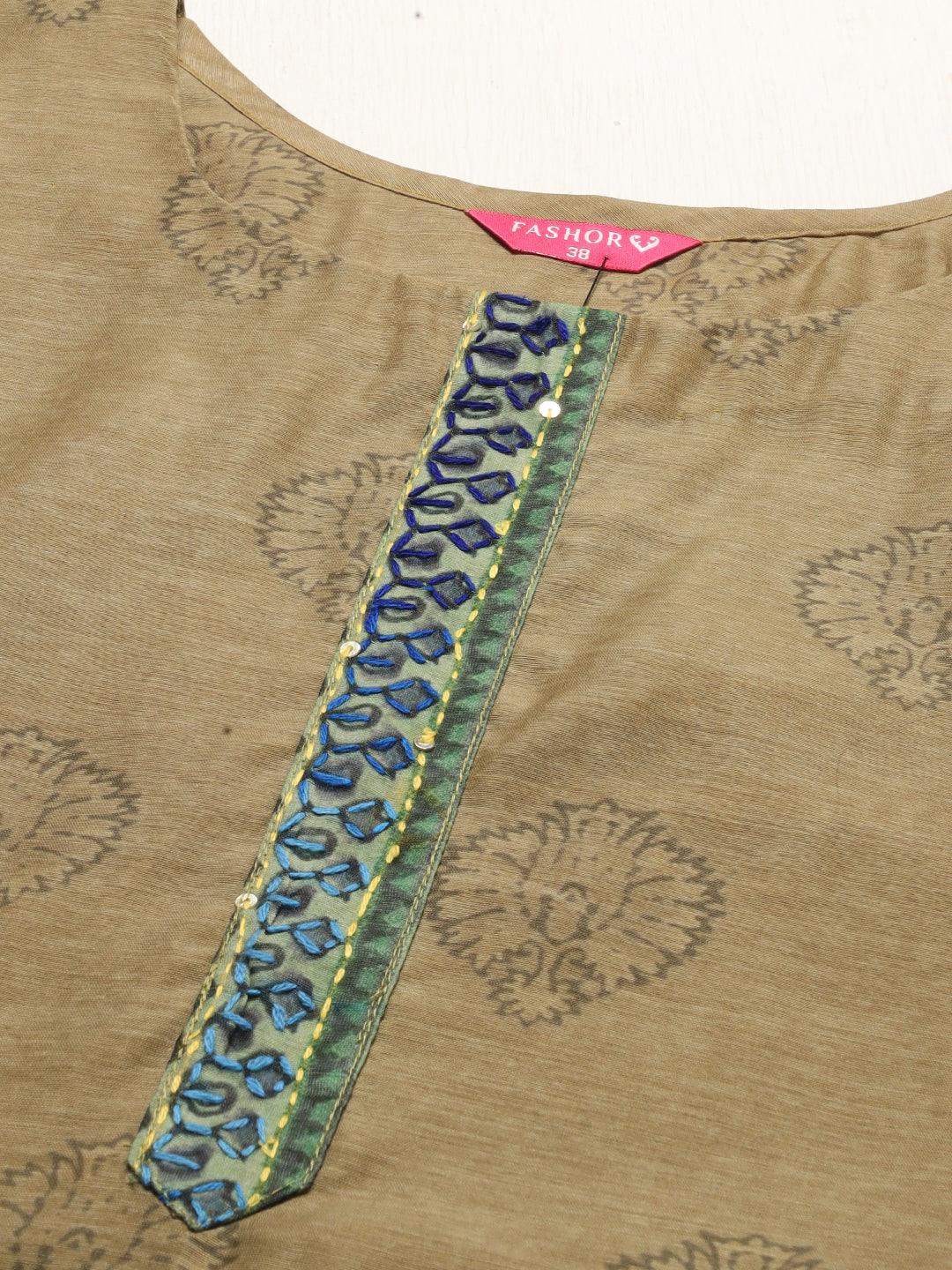 Ethnic Printed & Kantha Hand Embroidered Kurta with Dupatta - Mehendi Green - Indiakreations