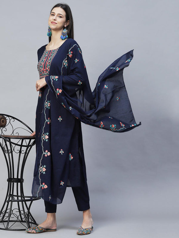 Floral Embroidered Straight Fit Kurta with Pants & Dupatta – Navy Blue - Indiakreations