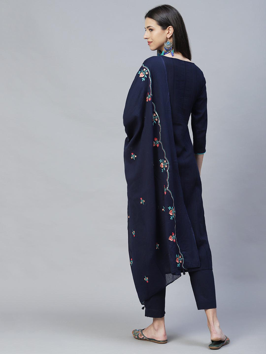 Floral Embroidered Straight Fit Kurta with Pants & Dupatta – Navy Blue - Indiakreations