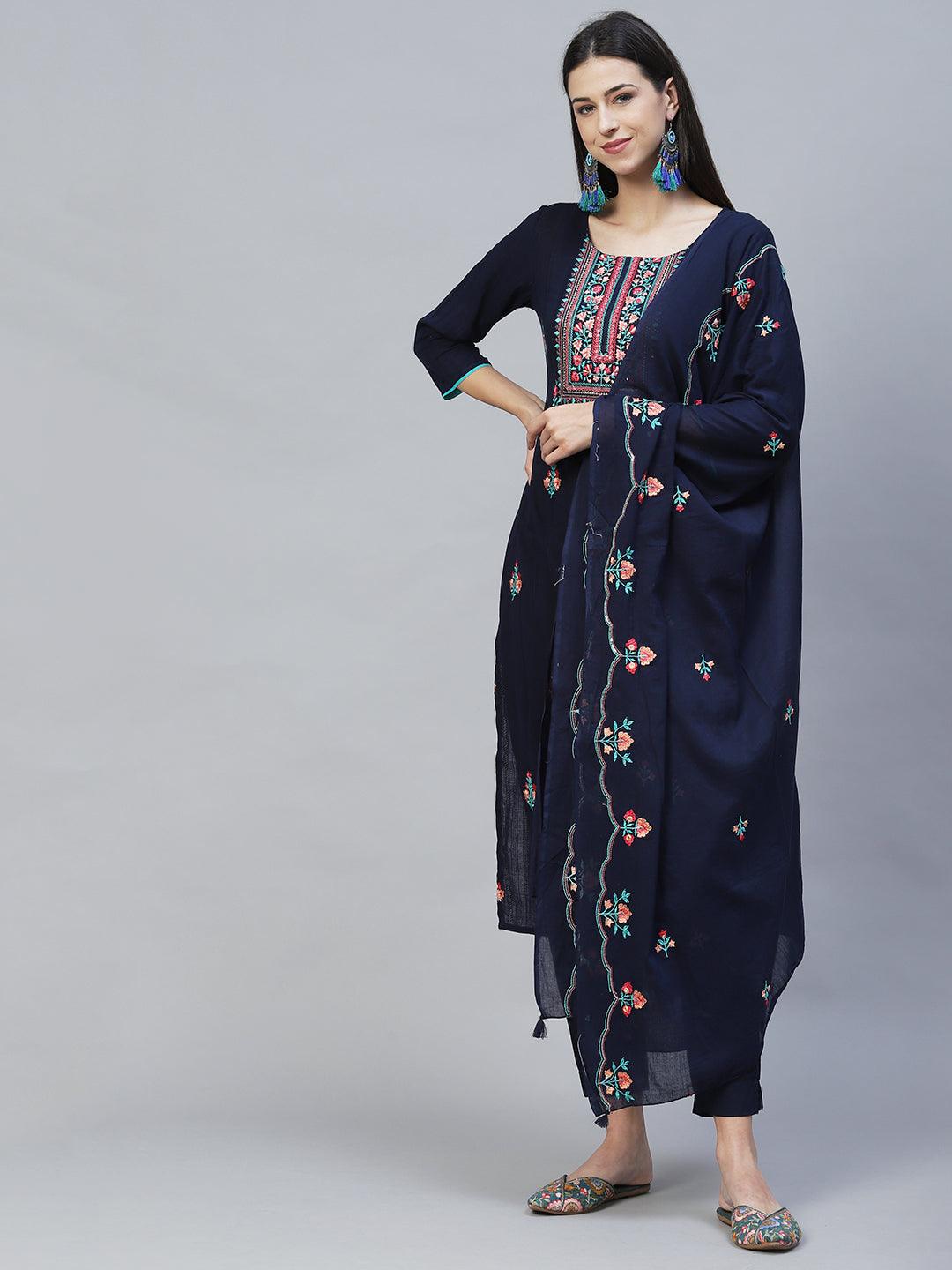 Floral Embroidered Straight Fit Kurta with Pants & Dupatta – Navy Blue - Indiakreations