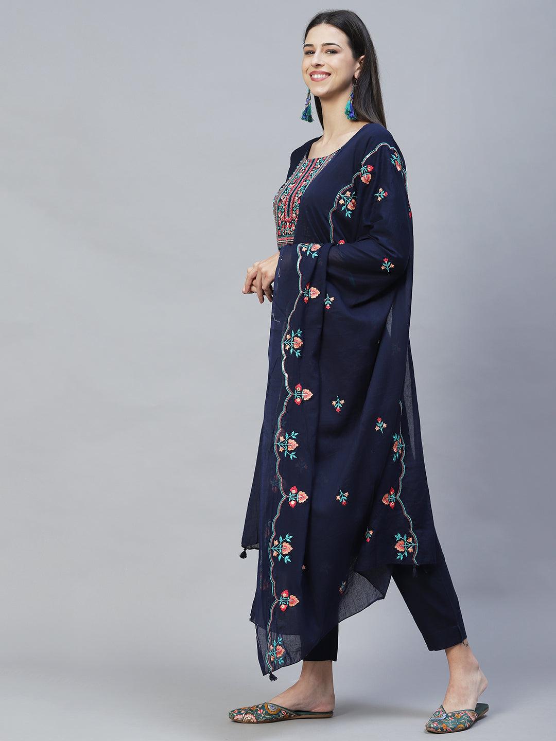 Floral Embroidered Straight Fit Kurta with Pants & Dupatta – Navy Blue - Indiakreations