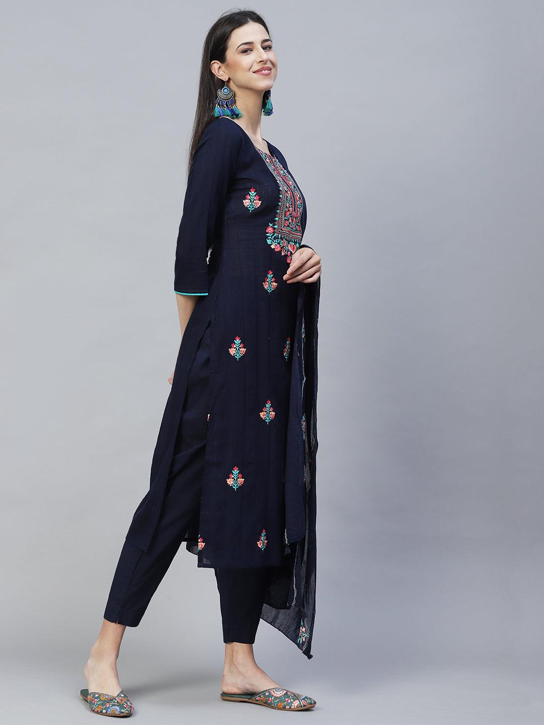 Floral Embroidered Straight Fit Kurta with Pants & Dupatta – Navy Blue - Indiakreations