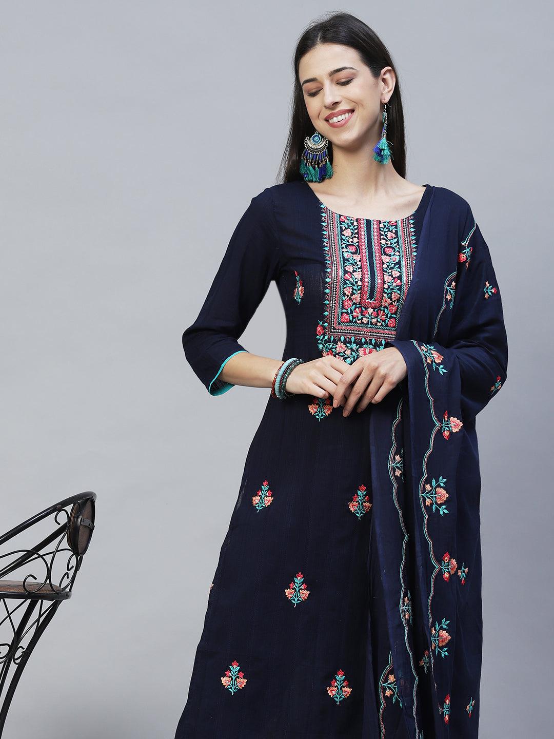 Floral Embroidered Straight Fit Kurta with Pants & Dupatta – Navy Blue - Indiakreations