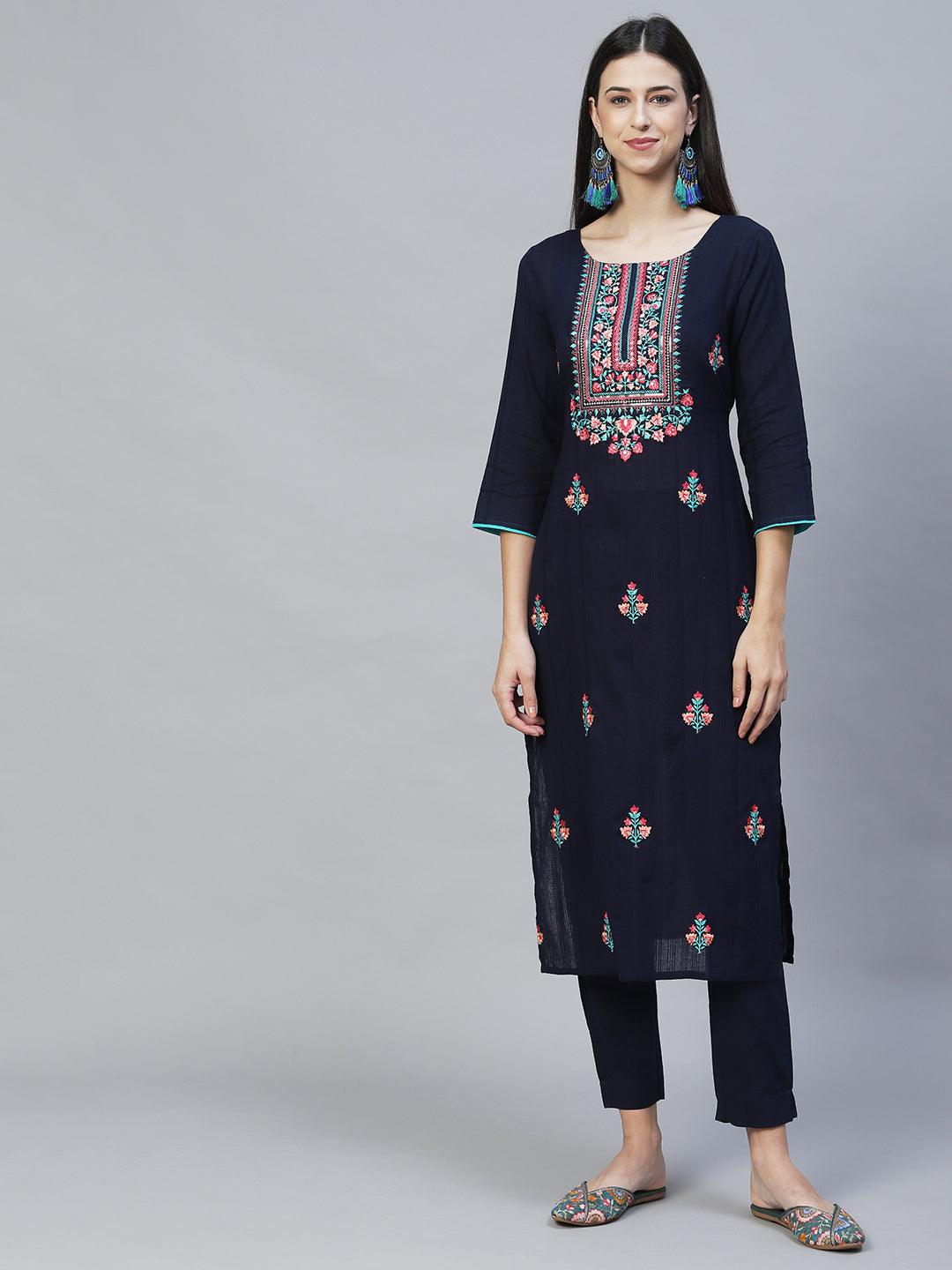 Floral Embroidered Straight Fit Kurta with Pants & Dupatta – Navy Blue - Indiakreations