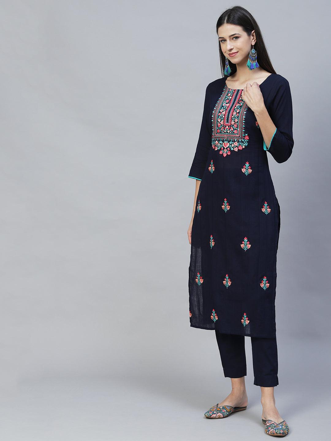 Floral Embroidered Straight Fit Kurta with Pants & Dupatta – Navy Blue - Indiakreations